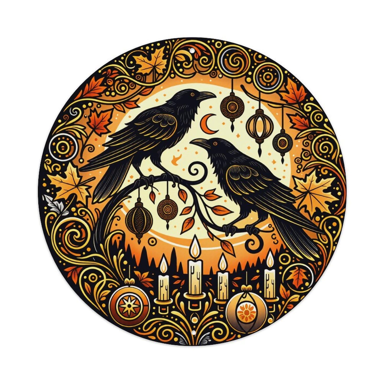 Crows Autumn Leaves Candles Ornaments Round Tin Sign Vintage Metal Poster Retro Bar, Home, Man Cave, Kitchen, Laundry Room Wall Art Decor Gift 8x8Inch