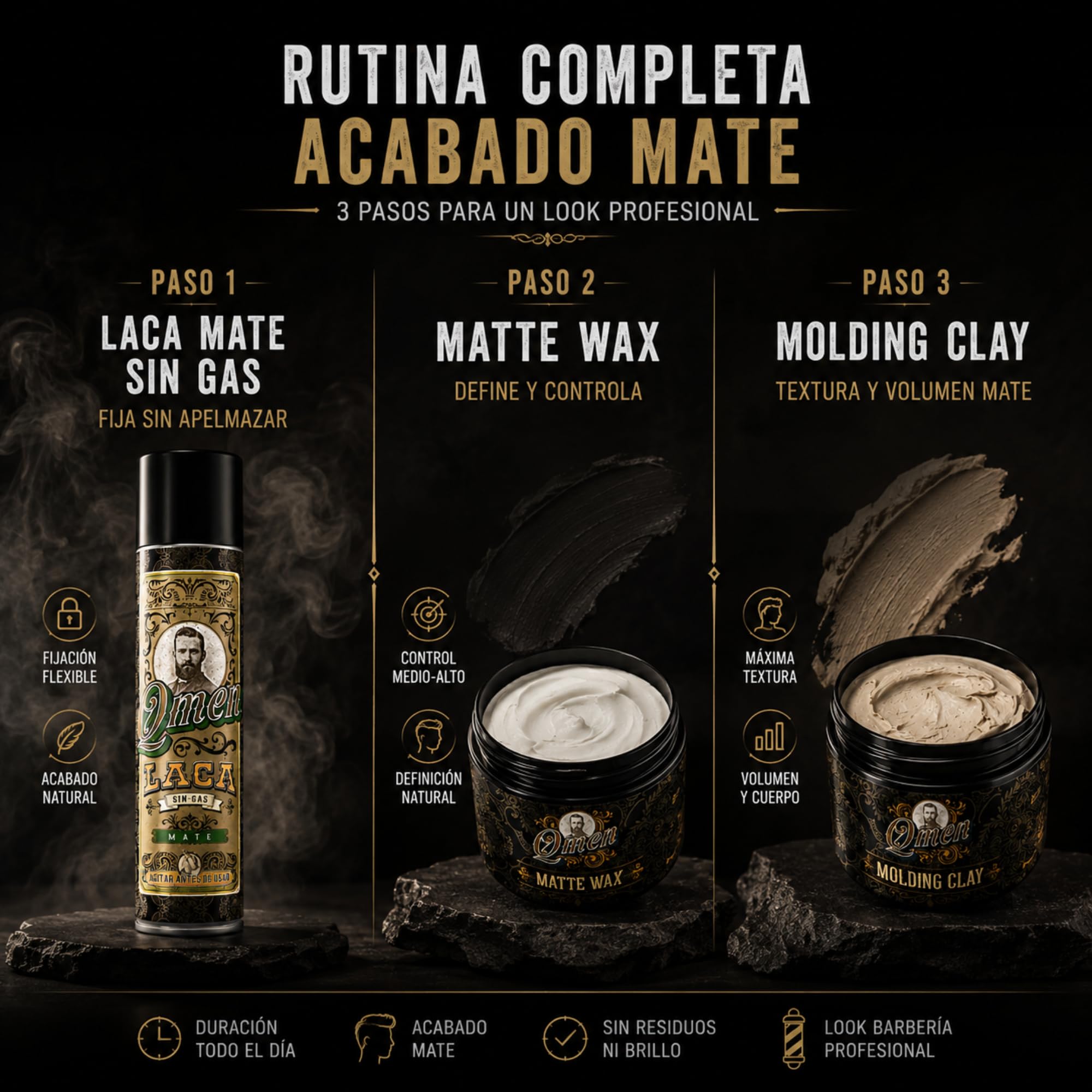 QMEN Kit Acabado Mate Hombre – Laca Mate Sin Gas + Cera Mate Wax + Molding Clay | Fijación Fuerte y Flexible | Cera Pelo Hombre Mate Natural | Styling Profesional Barbería