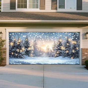7x16ft White Pine Forest Snowflakes Christmas Tree Garage Door Banner Merry Christmas Garage Door Cover Winter Wonderland Background for Indoor Outdoor New Year Holiday Portrait Decoration