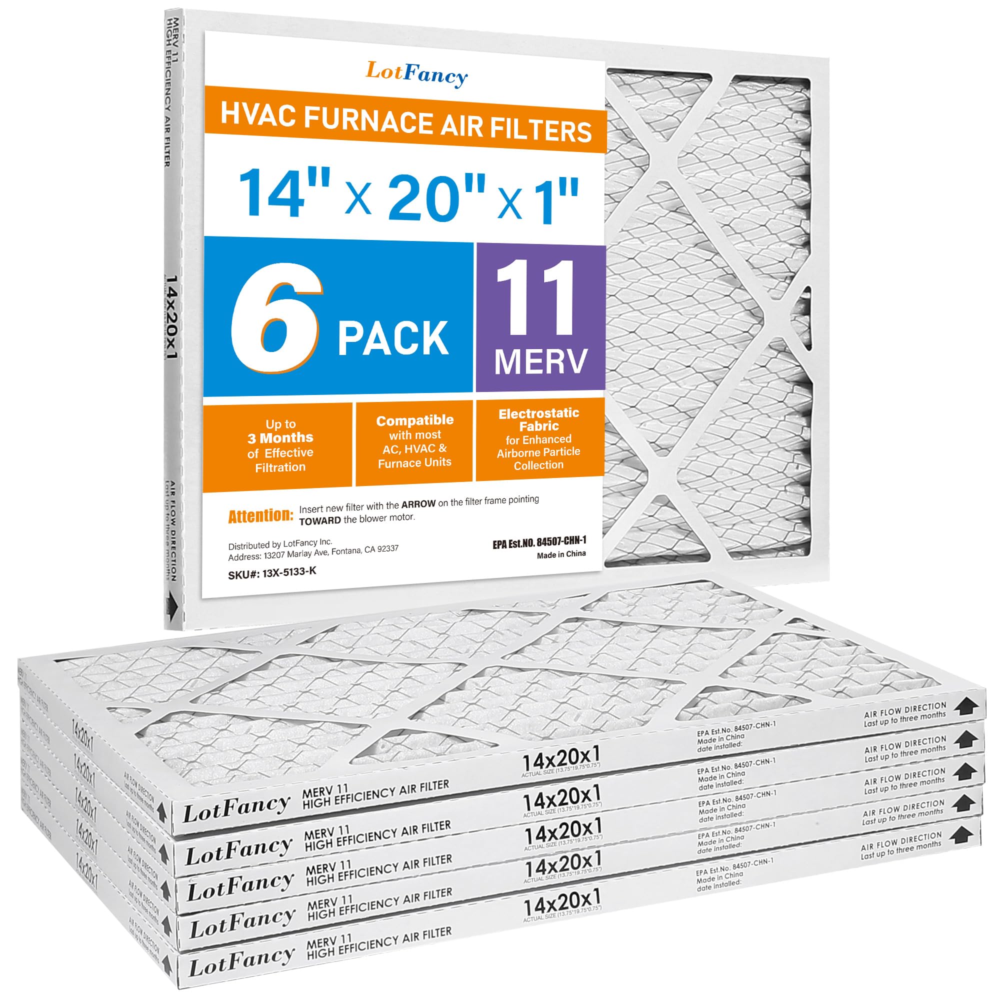 LotFancy 14x20x1 Air Filters, MERV 11 AC Furnace Filters, 6 Pack Pleated Air Conditioner HVAC Filters (Actual Size: 13.75 x 19.75 x 0.75 Inches)