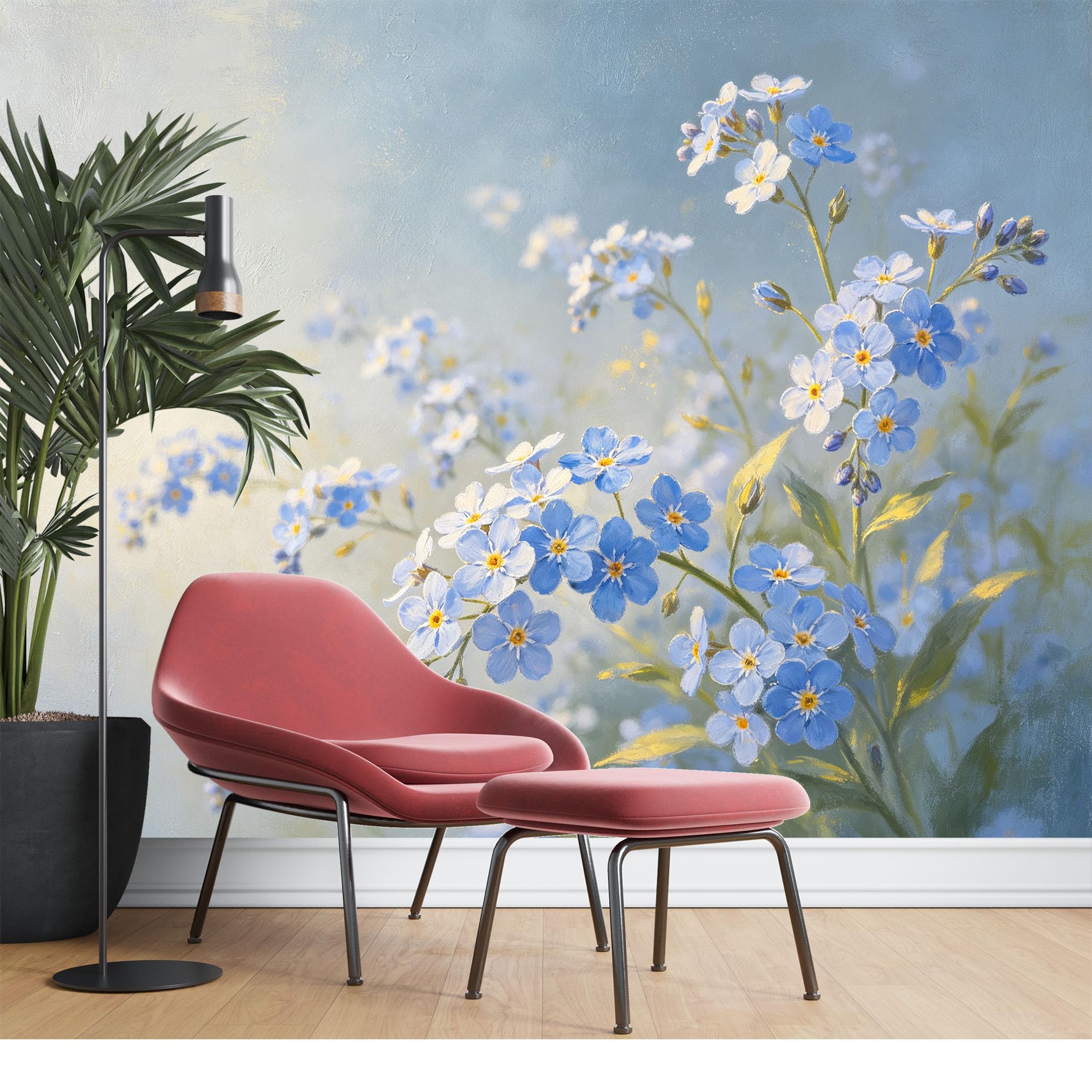 Carta Parati Murale In Seta con Motivo Non Ti Scordar Di Me Ad Acquerello, Grande Stampa Artistica Floreale Blu E Bianca, Sfondo Decorativo per Camera da Letto E Soggiorno, Rivestimento