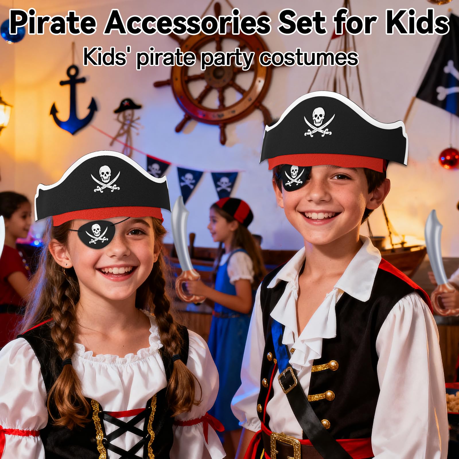 ZeeDix Conjunto de disfraz de pirata para Halloween, incluye sombrero, parche en los ojos, espada, accesorios de pirata, recuerdos de fiesta para niños y niñas