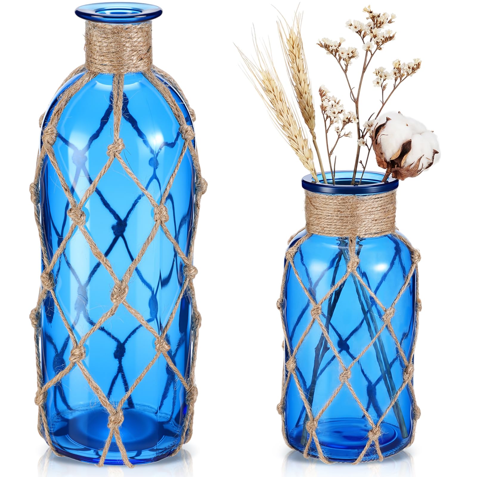 Photo 1 of Chuangdi Set of 2 Coastal Glass Vases for Flowers TSITP Flower Vase with Boho Rope Small Sea Glass Jar Nautical Beach Bottle for Wedding Table Centerpieces Floral Arrangement Decor(Cobalt Blue)