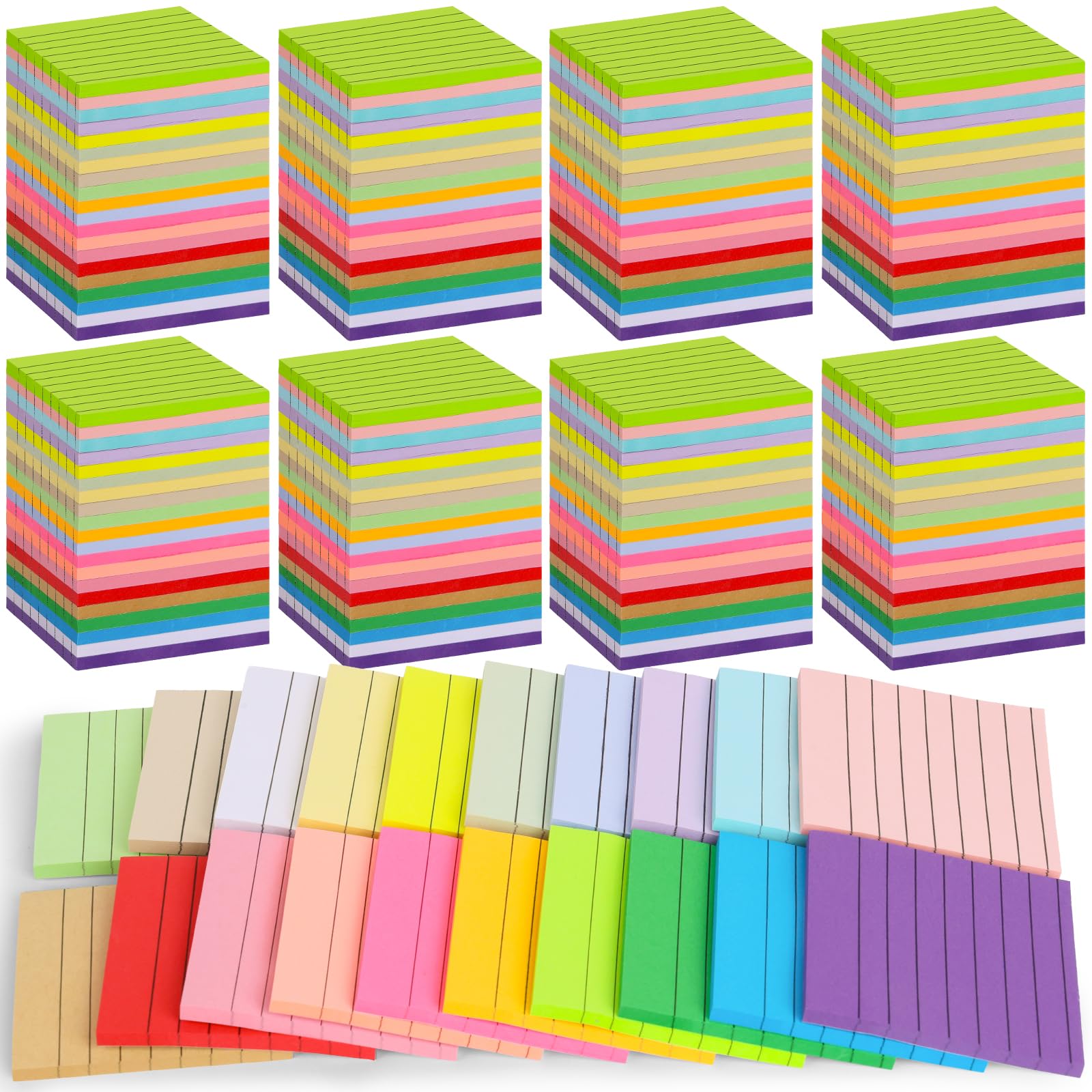 100 Stück linierte Haftnotizen, Großpackung, 7,6 x 7,6 cm, selbstklebende Notizblöcke, bunt, in 20 Farben, selbstklebendes Papier, Memo, 50 Blatt/Block, einfach zu verschicken, für Büro, Zuhause