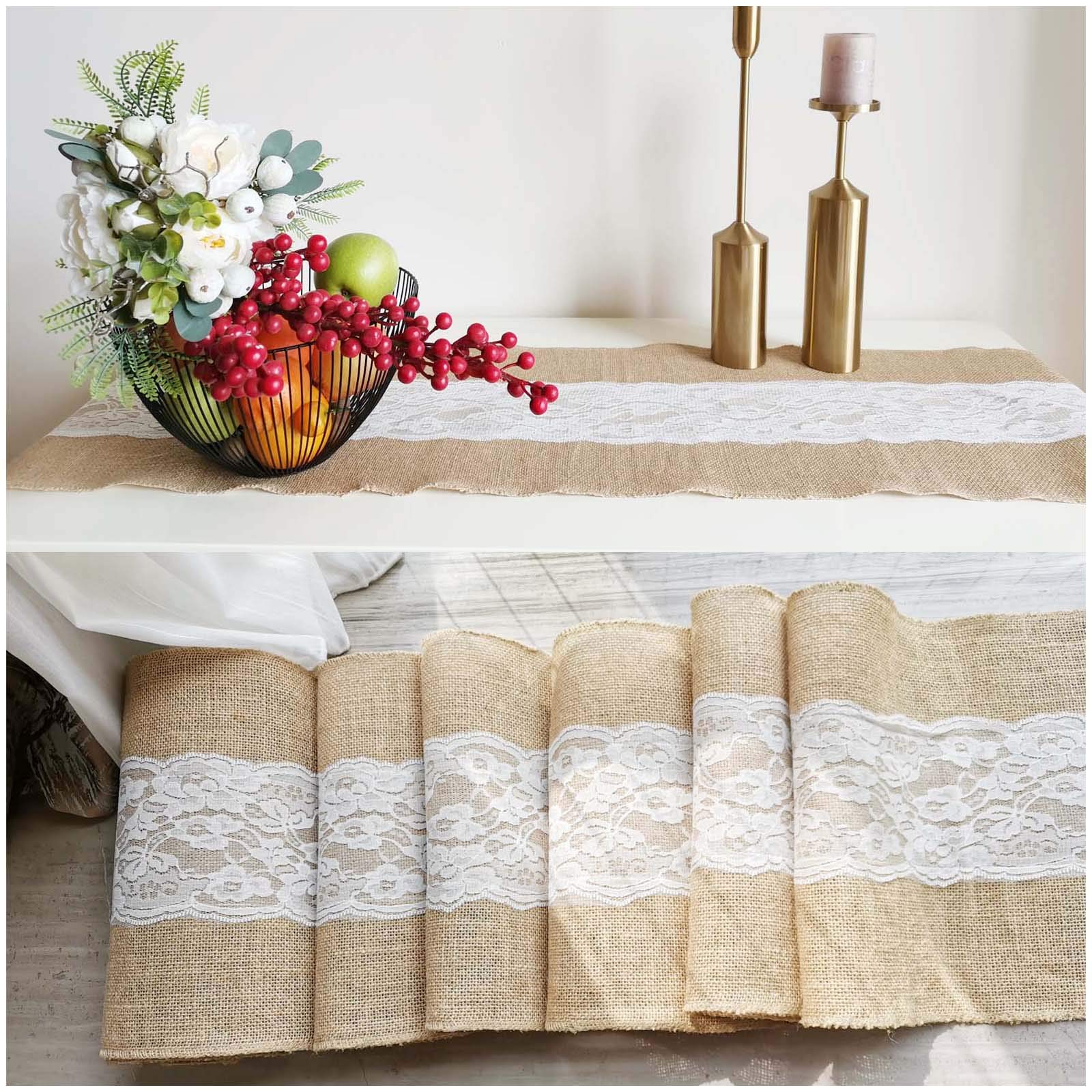 Stylish14 Burlap Table Runner with Lace 12” x 360” Long Burlap Lace Roll, Rustic Natural Burlap Fabric Roll with Middle Hallow Out Lace for Wedding Party Dining Shower Home Decor 10 Yards