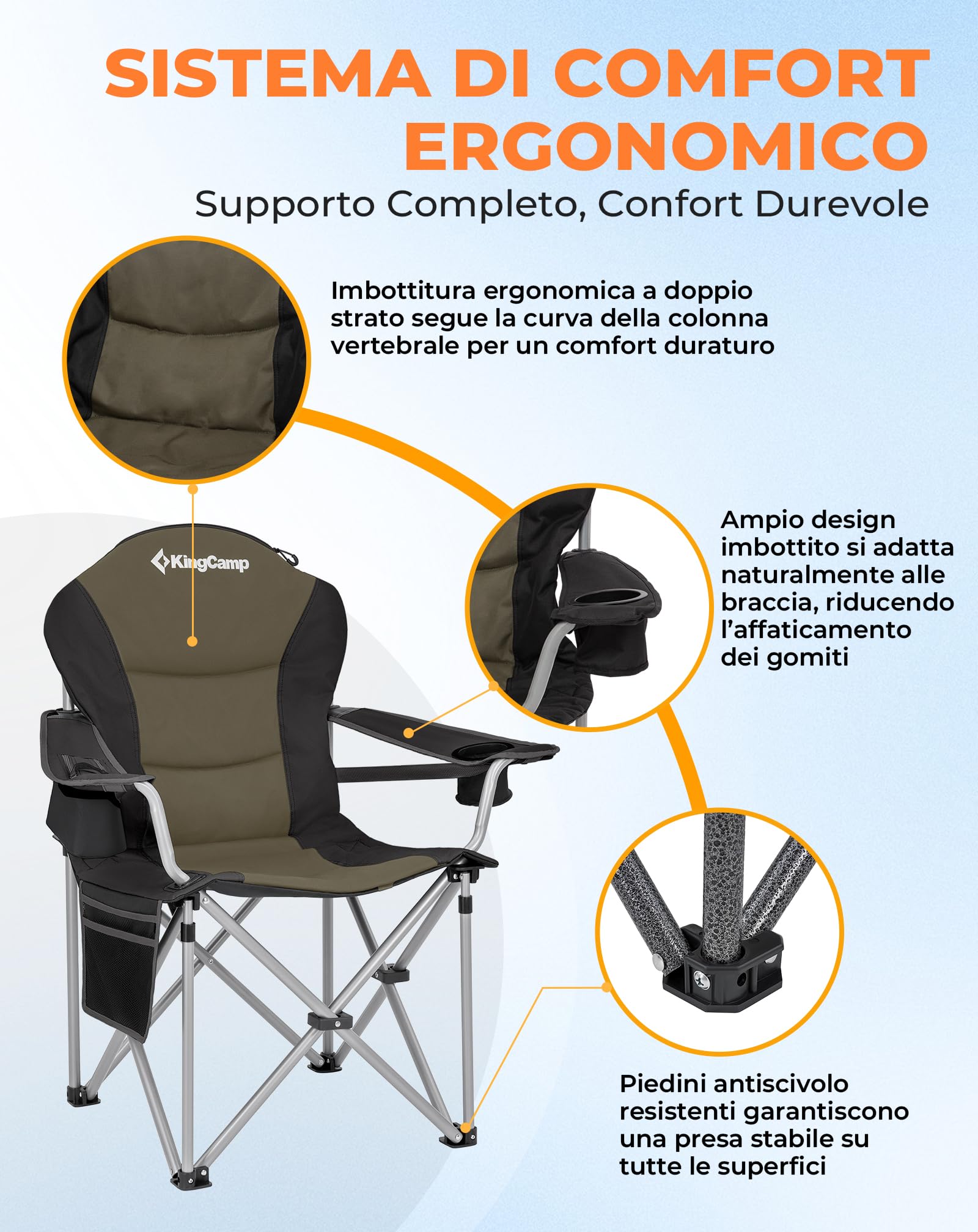KingCamp Sedia Campeggio Pieghevole Ergonomica Imbottita XXL 250 kg | Sedia con Supporto Lombare Regolabile, Borsa Termica e Braccioli per Camping Giardino Pesca Spiaggia e Festival