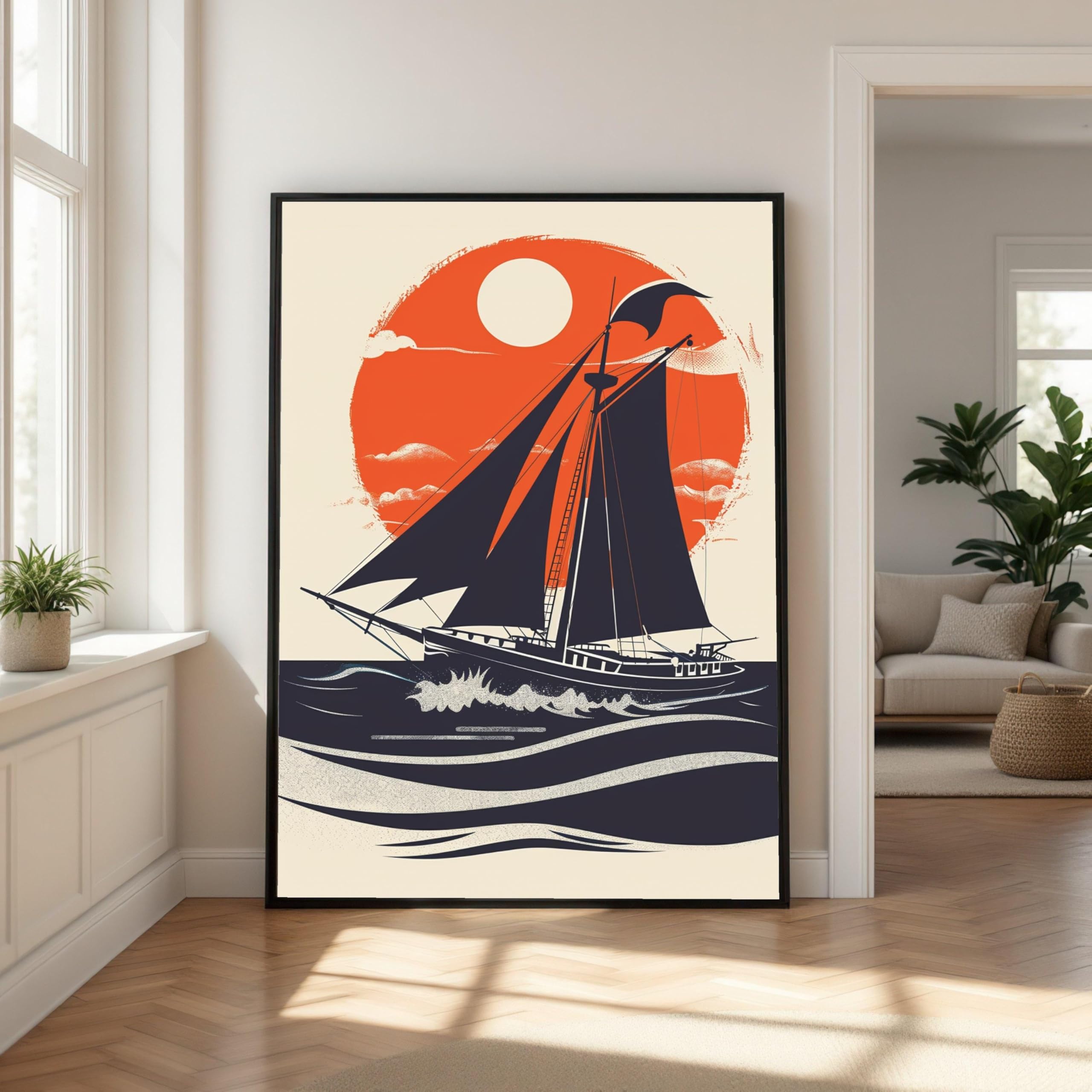 CAOXTART Sailing Ship Canvas Wall Art, Vintage Sailboat Illustration, Nautical Ocean Wall Painting, Sunset Sea View Canvas Prints(30x40cm/Frameless)