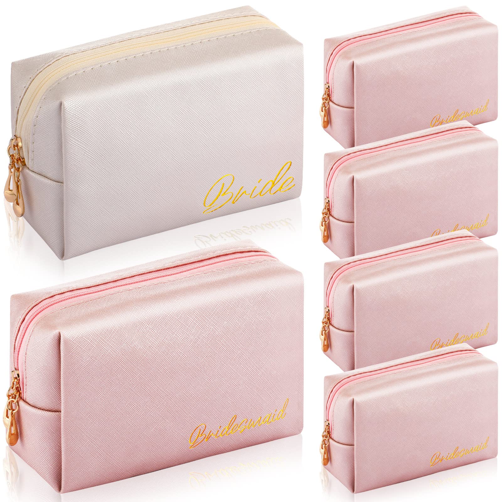 Hillban 6 Pcs Bride and Bridesmaid Cosmetic Bag PU Leather Makeup Bag Waterproof Makeup Pouch Purse Make up Bags Toiletry Bag Gifts for Bridal Shower, Wedding, Bachelorette Party, Ivory White, Pink