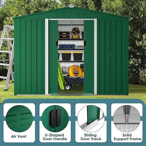 Miniatura 4 de Betterland Cobertizo de almacenamiento al aire libre de 6 x 8 pies, cobertizo de herramientas de acero con puerta corrediza, gabinete de