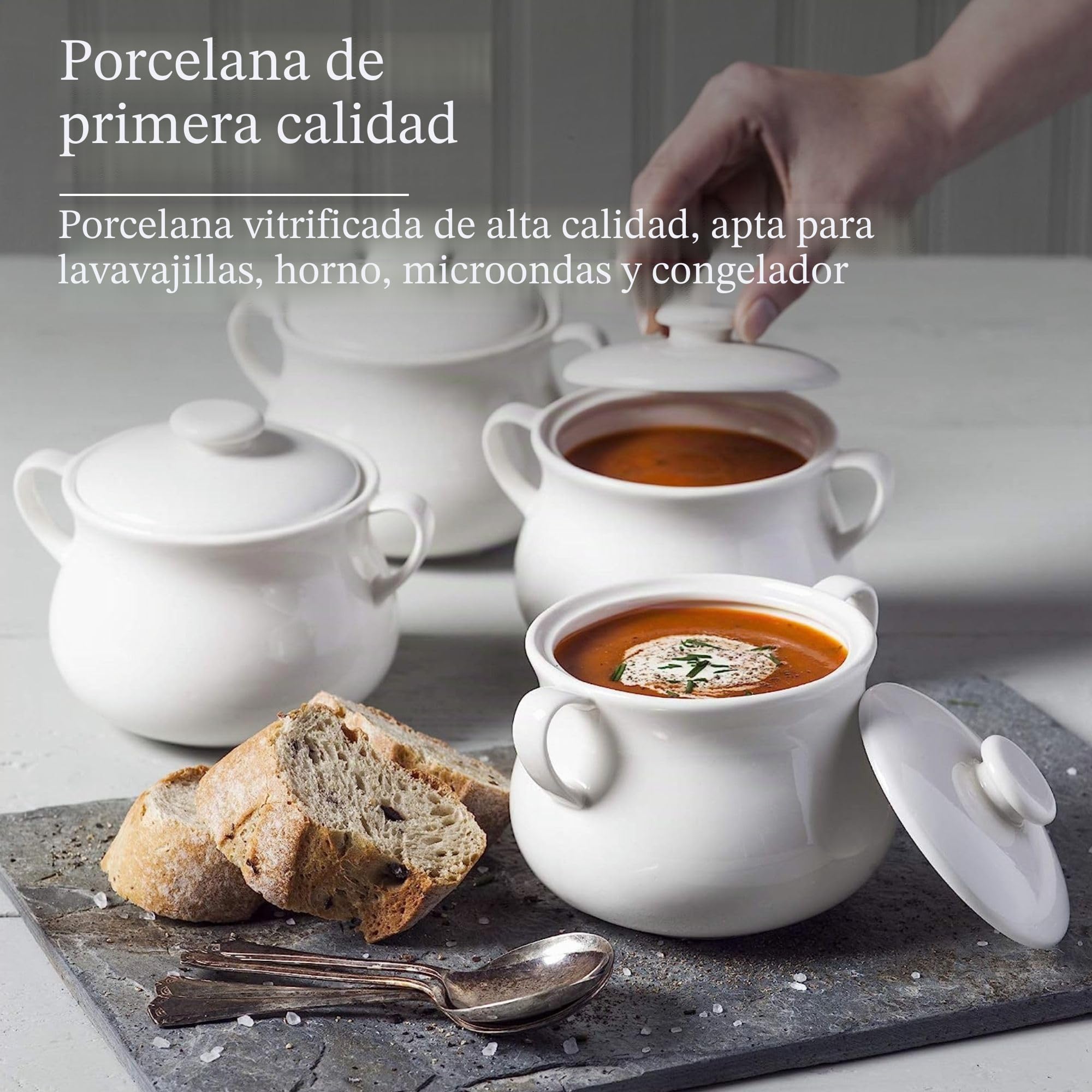 WM Bartleet & Sons 1750 TSET119 Juego de 4 Cuencos Individuales de Porcelana Tradicional con Tapa para Sopa y guiso de Cebolla Francesa con Asas, 500 ml, Color Blanco