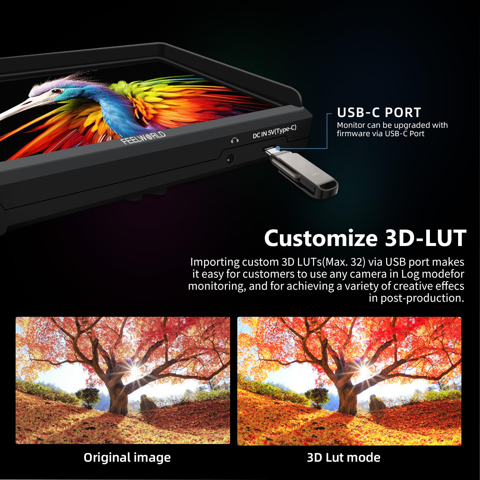 FEELWORLD S55E 5.5Inch Camera DSLR Field Monitor FHD 1920X1080 Personalizzato 3D LUT Camera Monitor 4K HDMI in Out Monitoraggio Forma d'onda Leggero con F750 4400mAh Batteria e Borsa