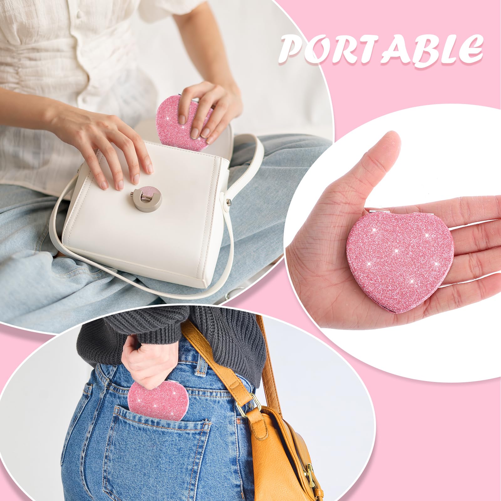 Mabor Tragbarer Klappspiegel Herz Rosa Taschenspiegel Klein PU Kompaktspiegel Mini 1x/2x Vergrößerung Spiegel Klappbar Kleinerer Spiegel für Ausbesserungen Geldbörsen Handtaschen