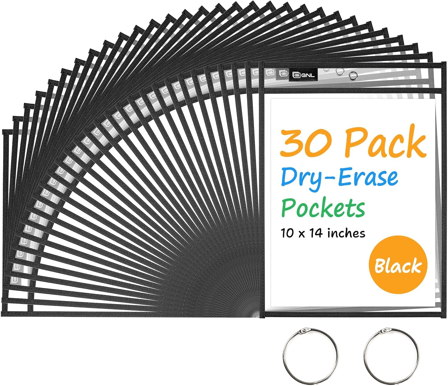 GNL Dry Erase Pocket Sleeves 30 Packs, Reusable Clear Plastic Ticket Holders with Rings, Durable & Easy-to-Erase Sheet Protectors, Black 10×14 Inch for Classroom & School Teacher Supplies