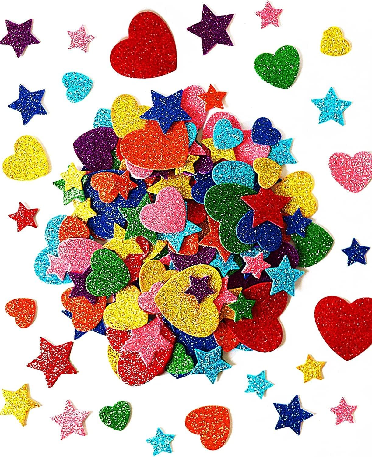 230 Pieces Colorful Glitter Foam Stickers Self Adhesive Stars Mini Heart Shapes Glitter Stickers, Kids Art Craft Supplies Greeting Cards Home Decor Stars and Hearts