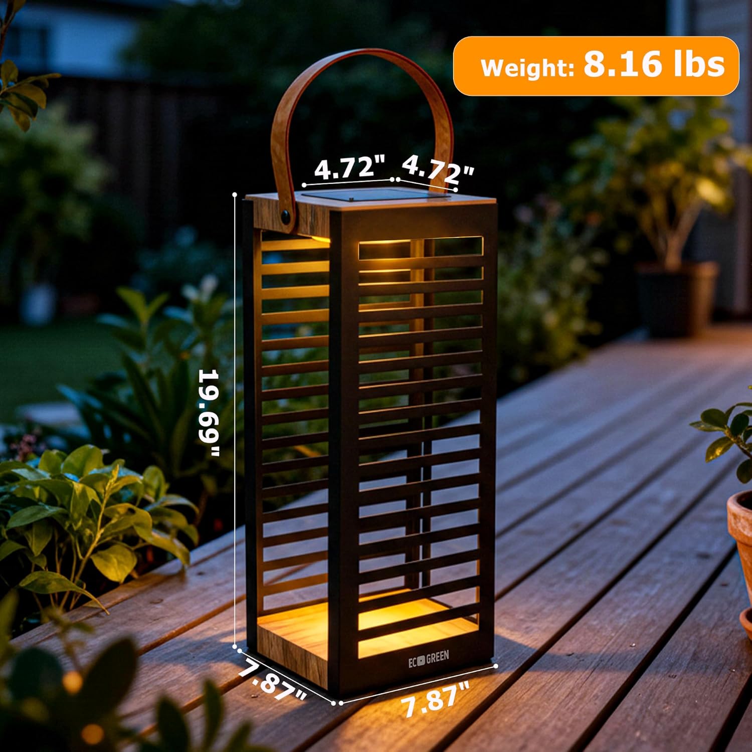 Solar Lantern with Handle - Outdoor Metal Solar Light (7.87×19.69"), Waterproof & Rustproof, 8H Auto-On Warm White Light, Portable for Patio, Porch, Balcony & Garden Decor (Black)