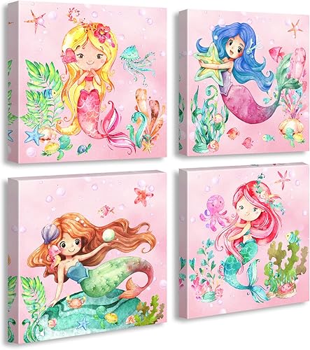 BLINFEIRU Juego de 4 lienzos de sirena para pared, bonitas imágenes de sirena de acuarela rosa para habitación de niñas, baño, decoración de pared