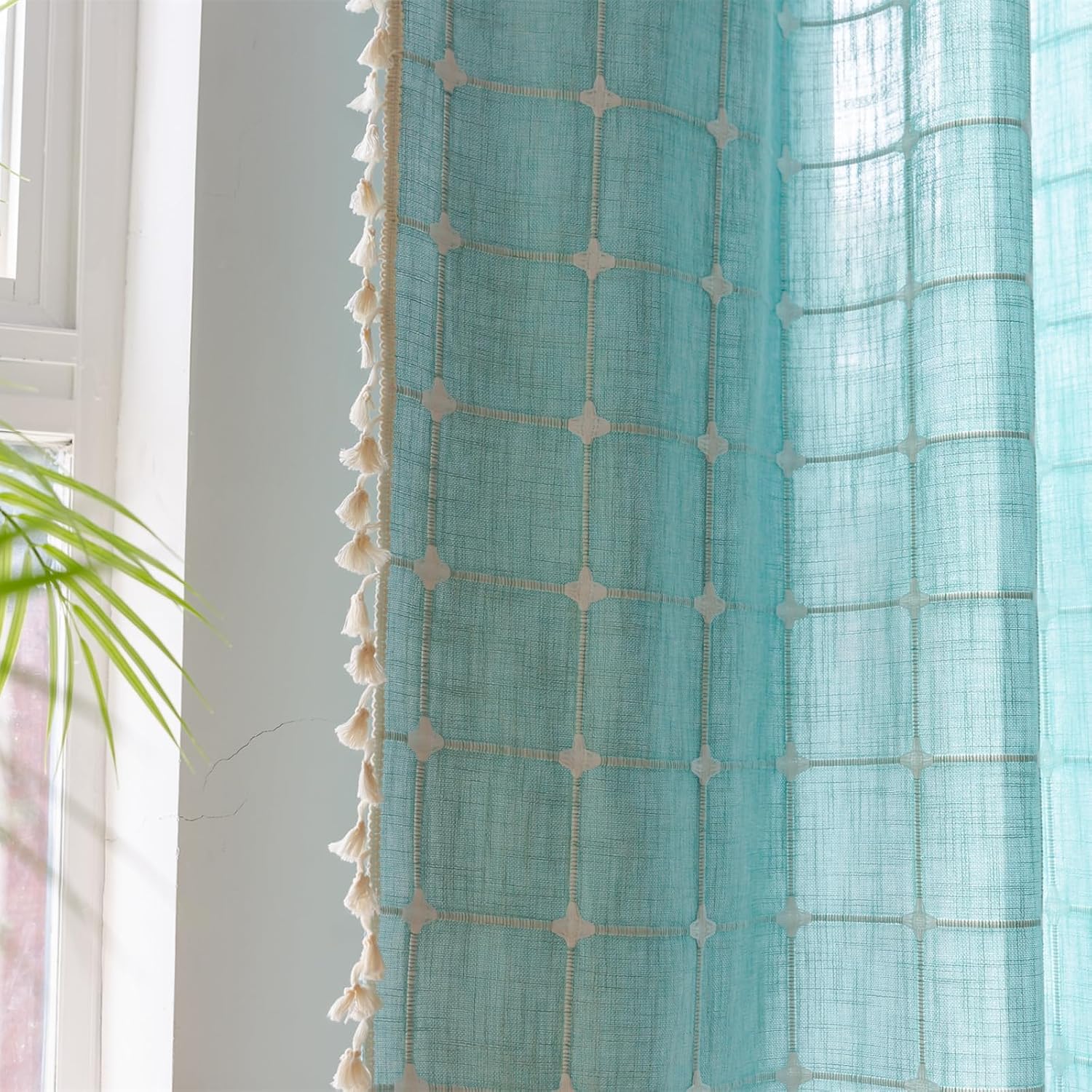 Deeprove Boho Plaid Curtains 63 inch for Home Office Kitchen Nursery Playroom, Semi Blackout Farmhouse Tassels Window Treatment Bohemian Embroidery Drape Rod Pocket 1 Panel 52" W x 63" L, Aqua image 5