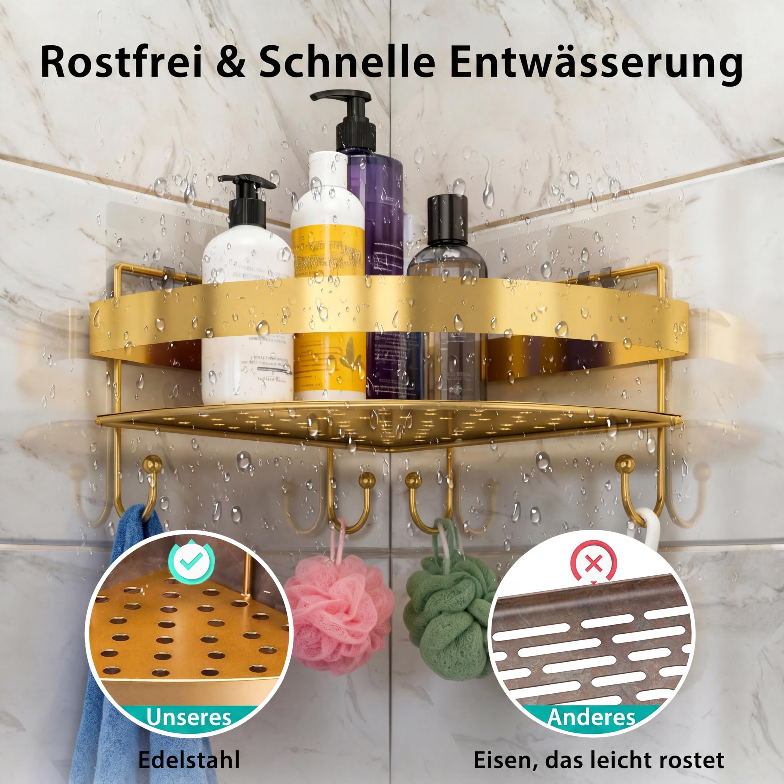 Eck Duschregal Gold, 2 Stücke Edelstahl Duschcaddy mit 4 Haken, Klebe Duschablage Ohne Bohren, Dreieckiges Badregal Zur Aufbewahrung Für Dusche Und Toilette