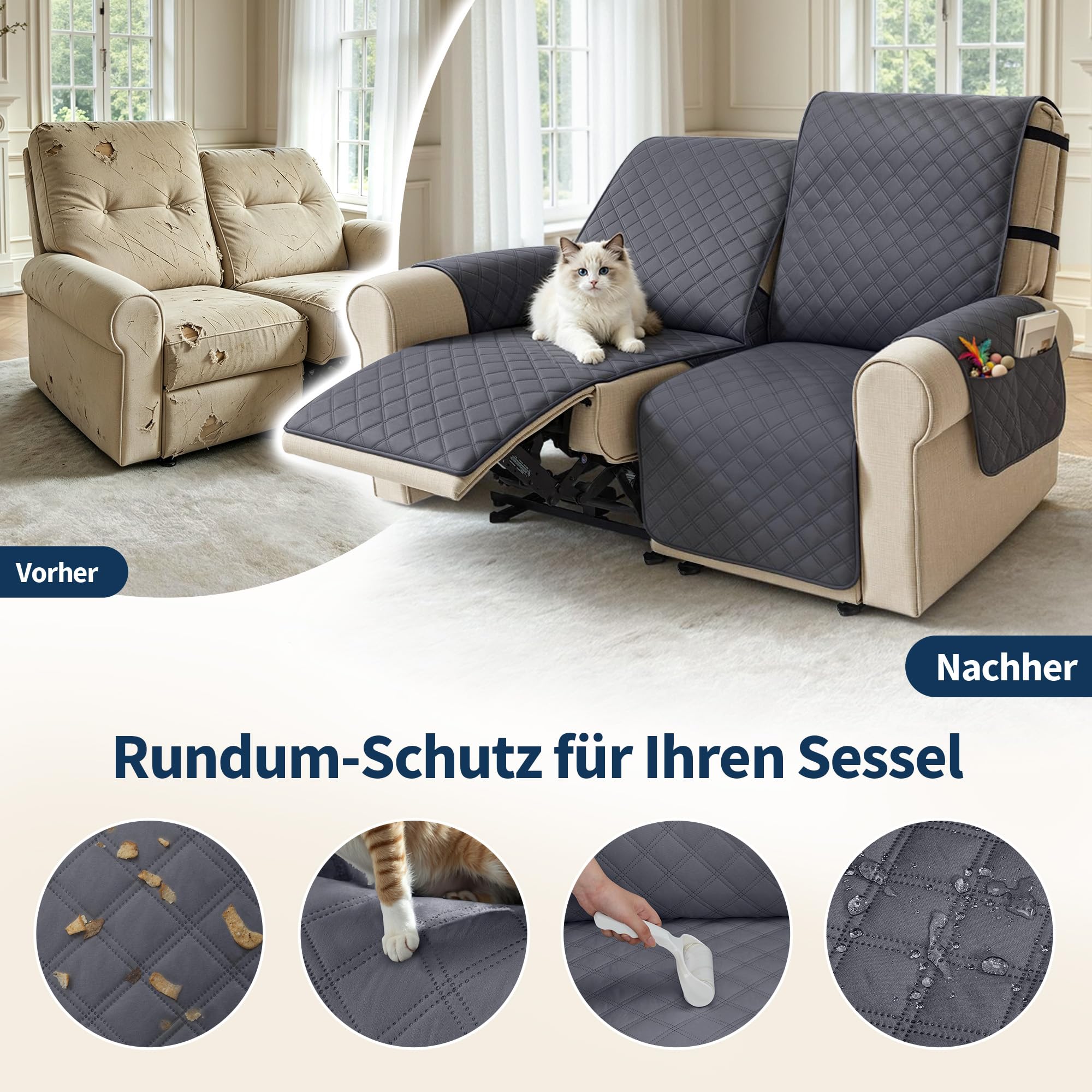 M MCombo 2 Sitzer Sesselschoner für Relaxsessel, Wasserdicht & Anti-Rutsch Sesselbezug mit Armlehne & Taschen, Kratzfester Sofabezug für Fernsehsessel 7009 7705 7719, 1833M1 (2-Sitzer)