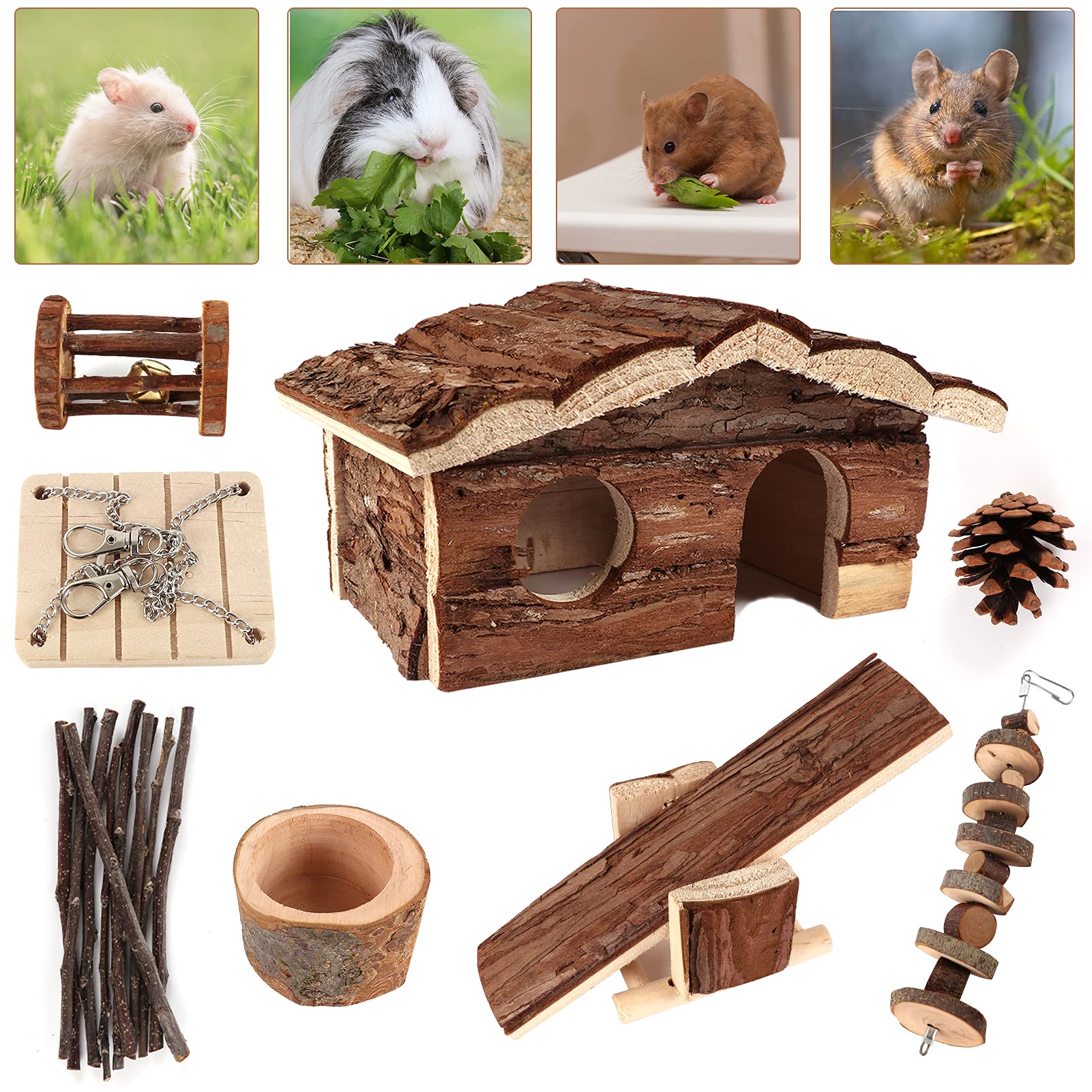ZALALOVA Hamster-Kauspielzeug mit Holzhaus, 17 Stück Naturholzversteck, Futterschale, Aktivitätsspielzeug für Hamster, Chinchilla, Meerschweinchen, Ratten und andere Kleintiere