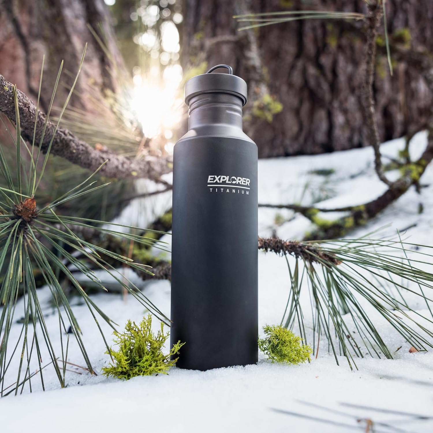 Explorer Bear Black Titanium Camping Sports Water Bottle, 23.6 oz, with Carrying Pouch