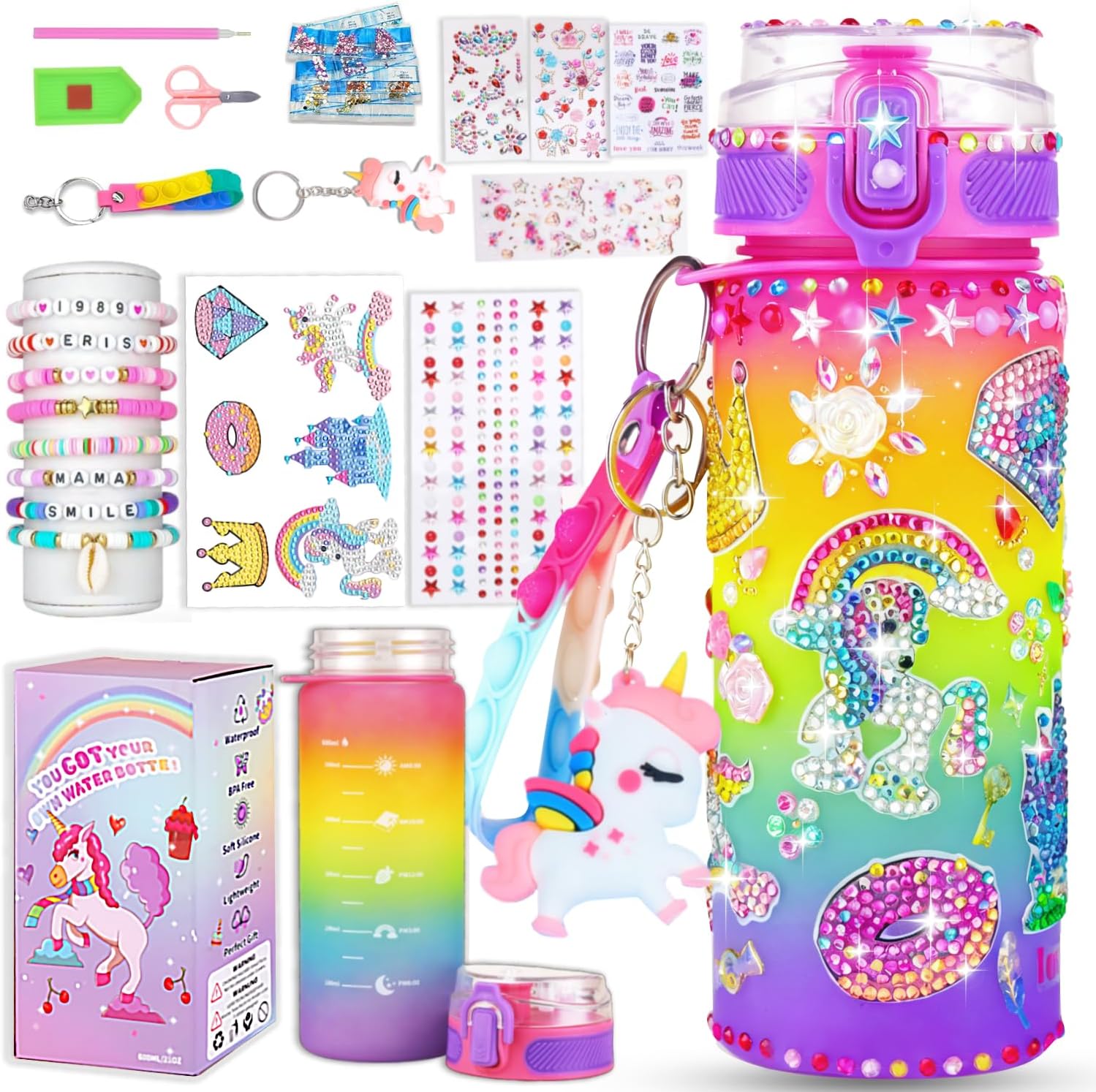Sanilinwild Gifts for Girls Age 4-12-Decorate Your Own Water Bottle – DIY Friendship Bracelet,Christmas/Easter/Birthday Gift Ideas,Fun Arts and Crafts Gifts Toys for Girls(((Rainbow Unicorn)