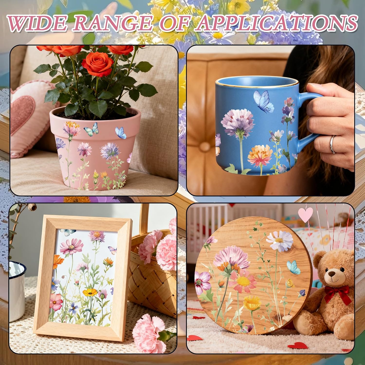 Flower Rub on Transfers for Crafts - 6 Pcs Wildflowers Butterfly Rub on Transfers for Furniture Floral Transfer Decals for Wood DIY Glass Home Decor 5.9x11.8 Inch