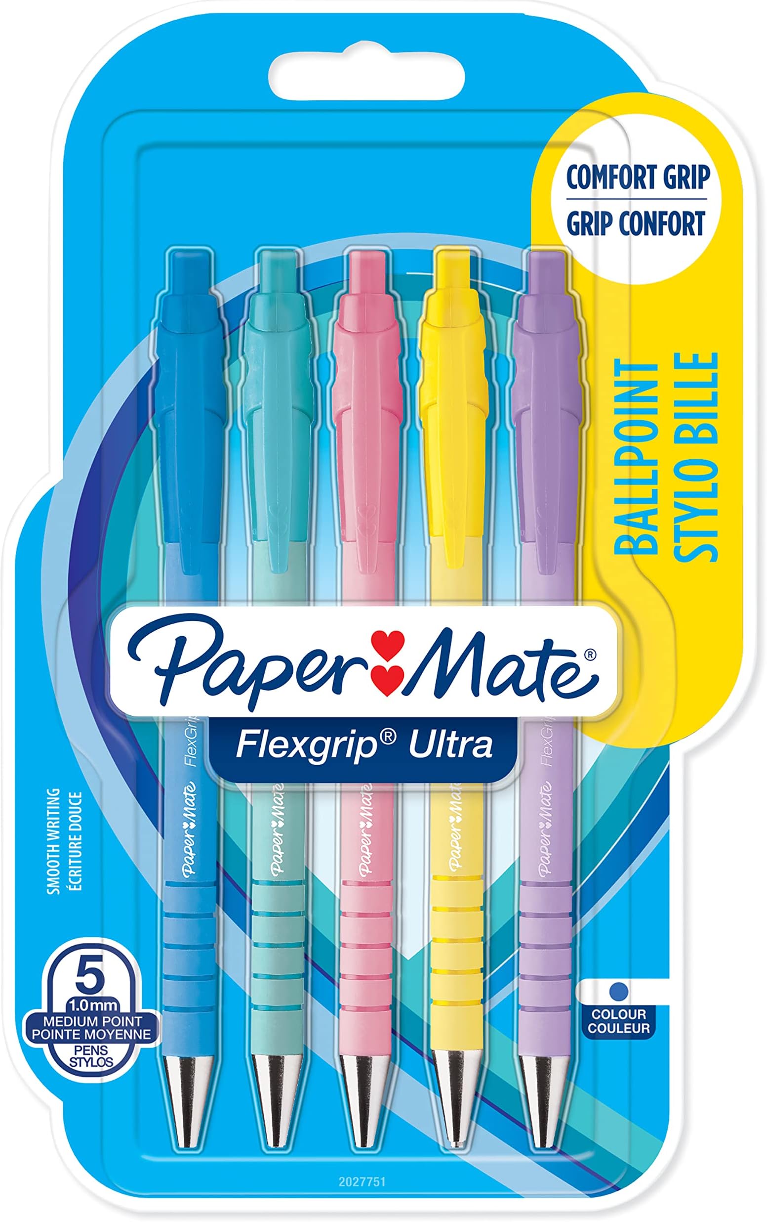 Paper Mate Flexgrip Ultra Pastel Ballpoint Pens | Medium Point (1.0mm) | Blue Ink | Pastel Barrels | 5 Count