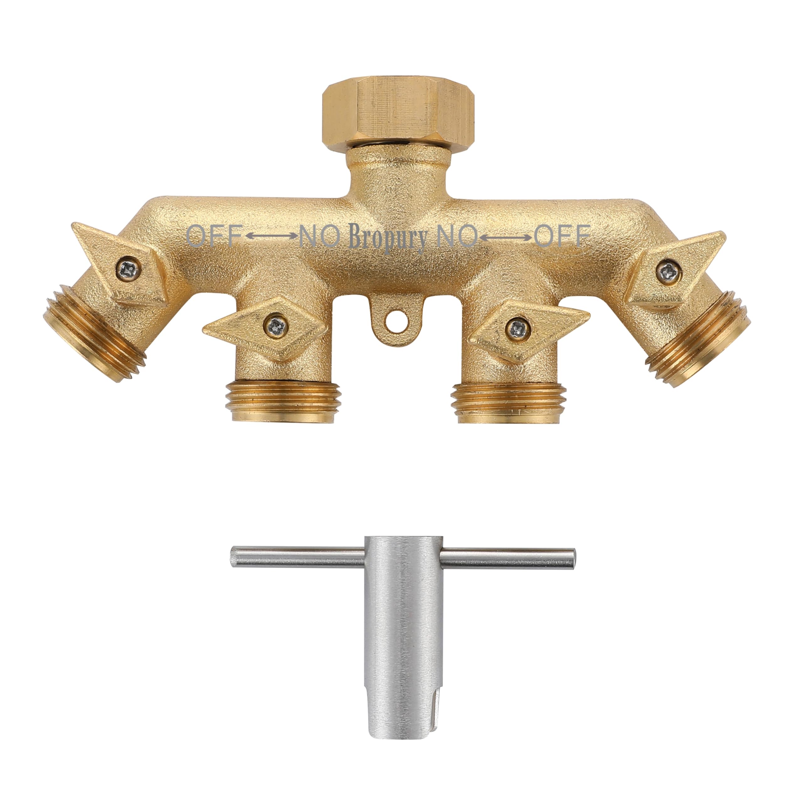 Bropury an updated and improved 4 way hose splitter, Solid Brass Hose Connector NPT3/4", Hose Spigot Adapter 4 Valves with 5 Extra Rubber Washers and on/off Wrench (4 way)