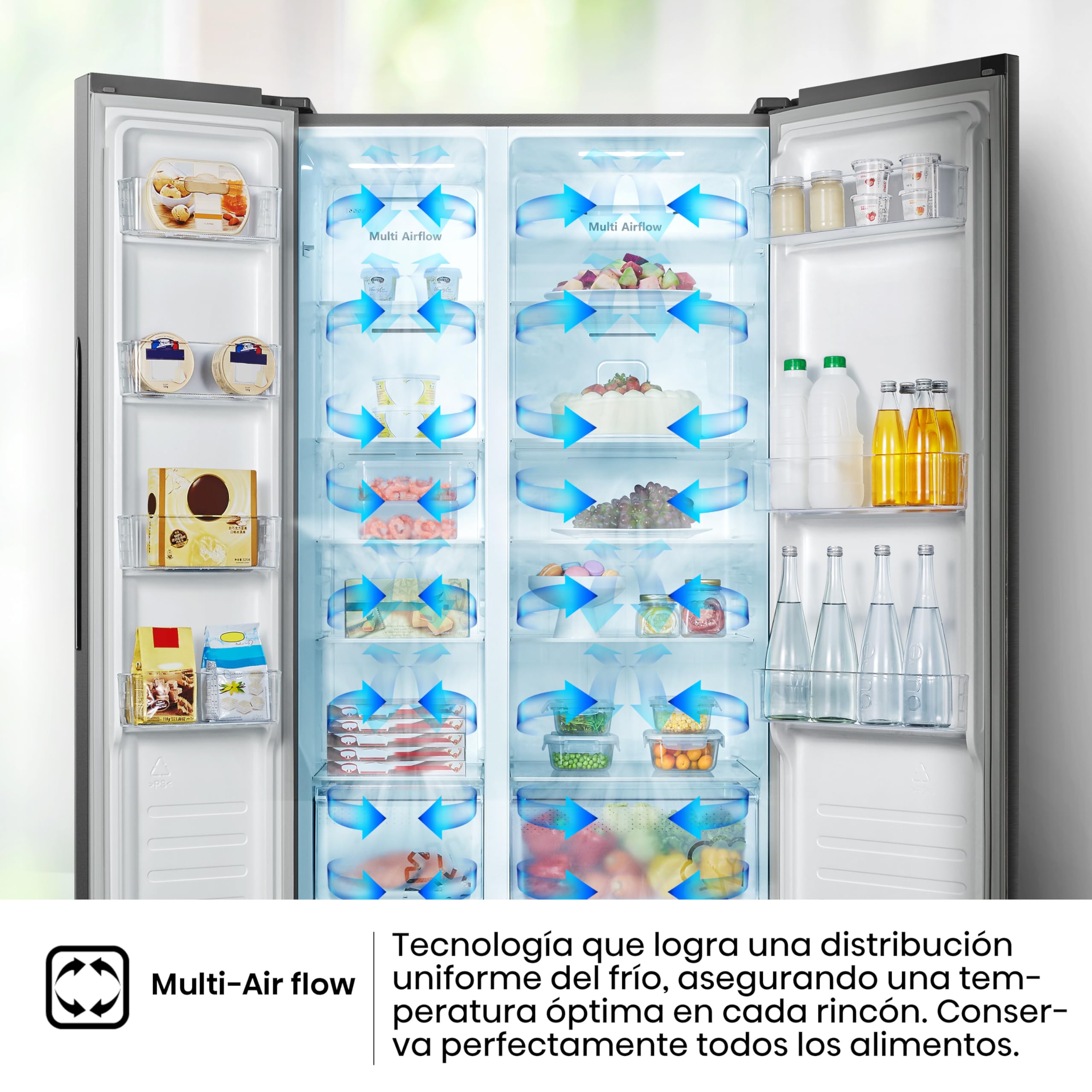 Hisense RS677N4ACC - Frigorífico Americano Dos Puertas, Eficiente Clase C, Capacidad 519 L, ALTO 178,6cm x ANCHO 91cm, Multi-Air Flow, Congelamiento Rápido, Cajón Frutas y Verduras, Color Inox
