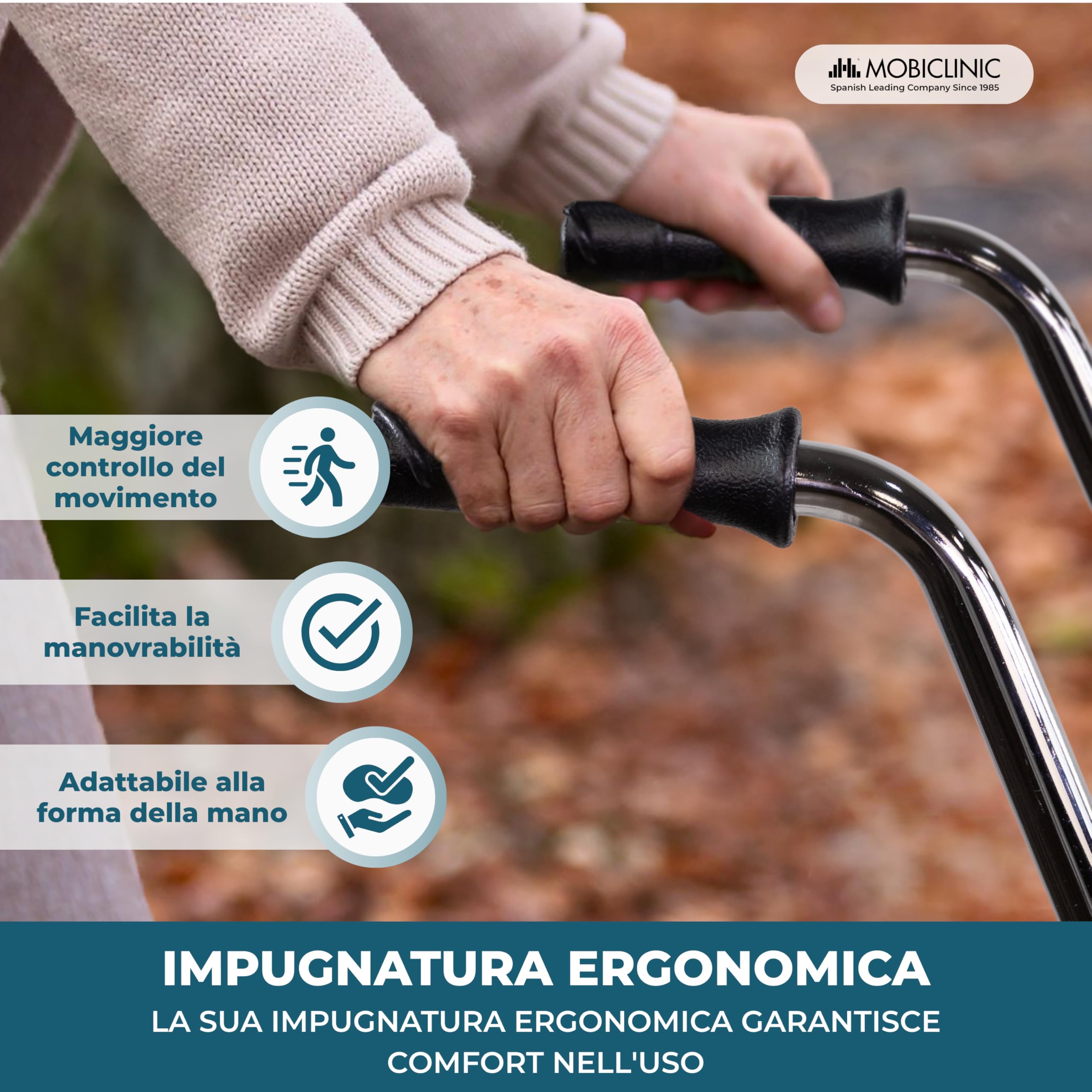 Mobiclinic®, Deambulatore per anziani, Emerita, Marchio europeo, Pieghevole, Regolabile, Acciaio, Maniglie ergonomiche, Leggero, 2 ruote, Adulti, Blu