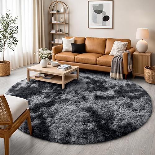 Amdrebio Tie-Dyed Dark Grey Round Rugs for Living Room, 8x8 Rug, Extra Large Circle Area Rug for Bedroom, Big Shag Fluffy Plush Carpet for Mens Home, Modern Cool Circular Rug, Soft Cozy Thick Rugs