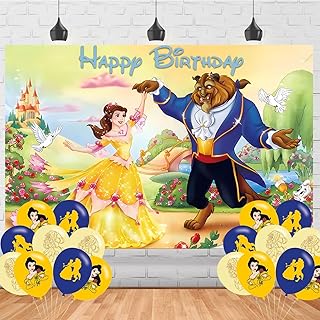 Cartoon Princess Happy Birthday Backdrop Princess Belle Banner Poster for BangtanFans Girls Theme Party Decorations Princess Belle Birthday Supplies Background Studio Shoot Photo Props Booth