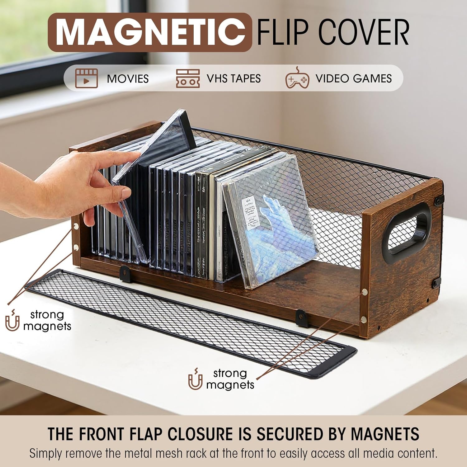 Geelin 4 Pcs Wooden Cd Storage Box Holder Racks Retro Cassette Tape Display Stand with Carrying Handles, Organizer Shelf for Movie Cases, Dvds, Cd Organizer Can Store up to 36 Pcs