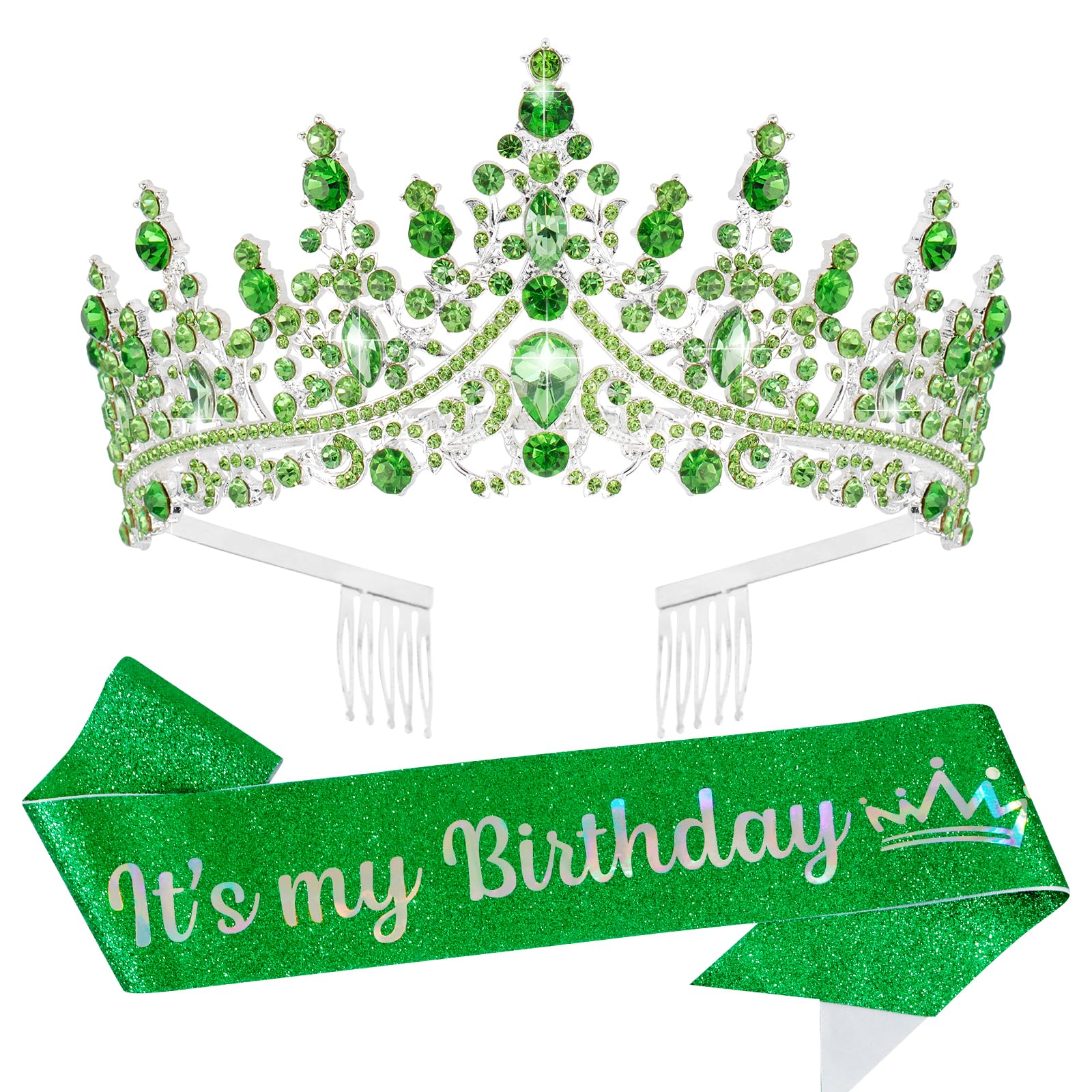 VELSCRUN Green Crystal Birthday Tiara Crowns for Women Girls It's My Birthday Sash Queen Girls Princess Crown with Combs Happy Birth Party Decorations Mom Sisters Birth Gift Hair Accessories
