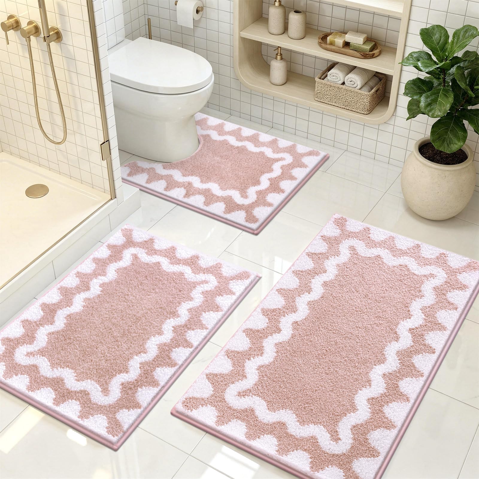 Homodeco Bath Mat Sets 3 Piece, Microfiber, Pink & White — image 1