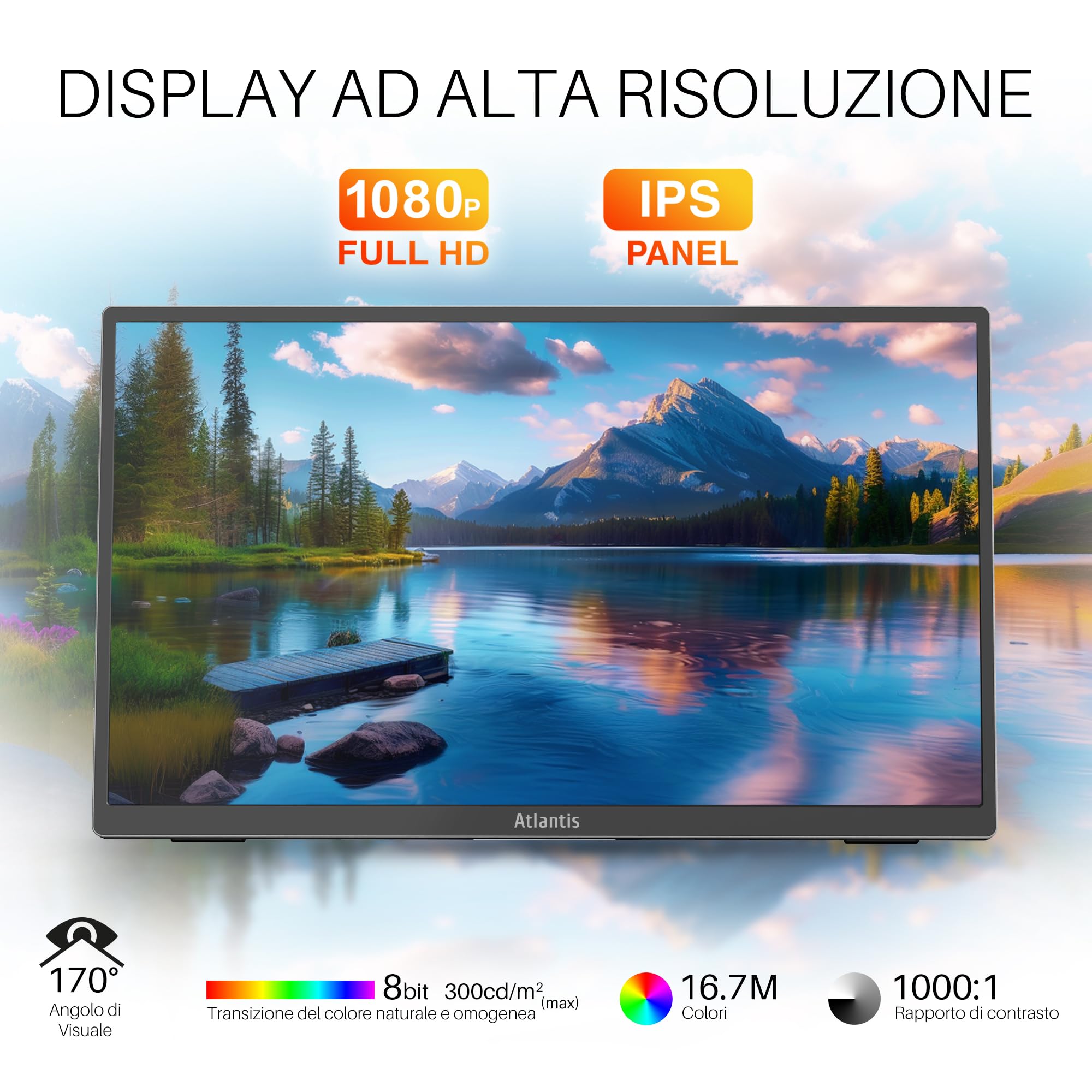 Atlantis Monitor Portatile TouchScreen 16 Pollici, 1080P Full HD 1920x1080, HDMI/Type_C, Speaker 2x1W, Inclinazione Regolabile, display IPS, per Notebook/Console/ 170/170,Cavo HDMI 1,5m/Type_C, < 1Kg.