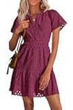 Womens 2025 Summer Short Dress V Neck Short Sleeve A Line Hollow Out Lace Ruffle Cute Casual Beach Party Dresses