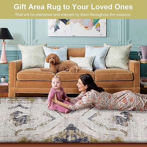 Miniatura 5 de Alfombra tribal bohemia de 4 x 6 pies, lavable, persa envejecida, suave, de lana sintética, alfombra bohemia para dormitorio, cuarto de bebé,