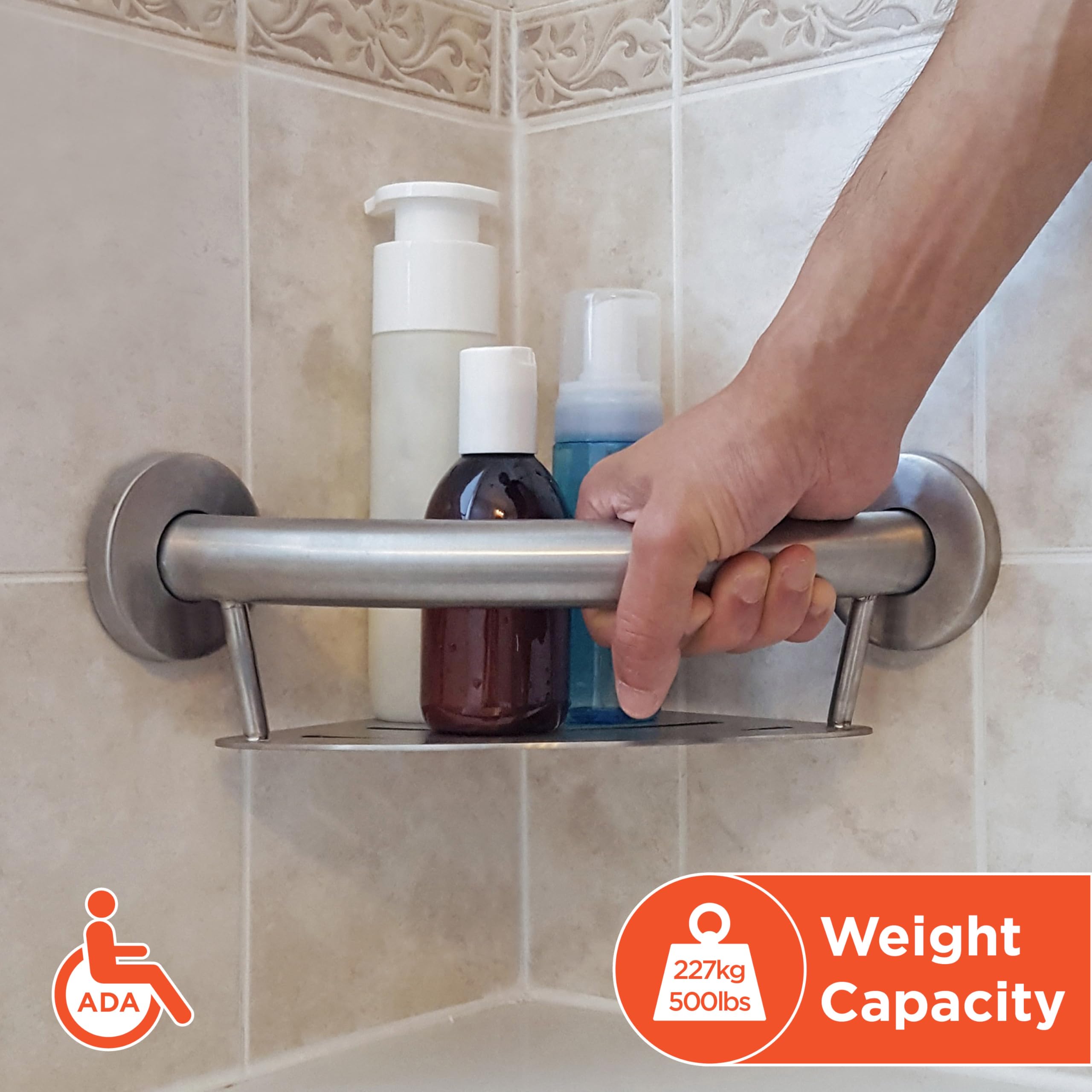 HEALTHCRAFT Plus Półka narożna 2 w 1, 24 cm, uchwyt bezpieczeństwa zgodny z ADA, do wanny i prysznica, montowany na ścianie, dla seniorów, wykończenie ze szczotkowanej stali