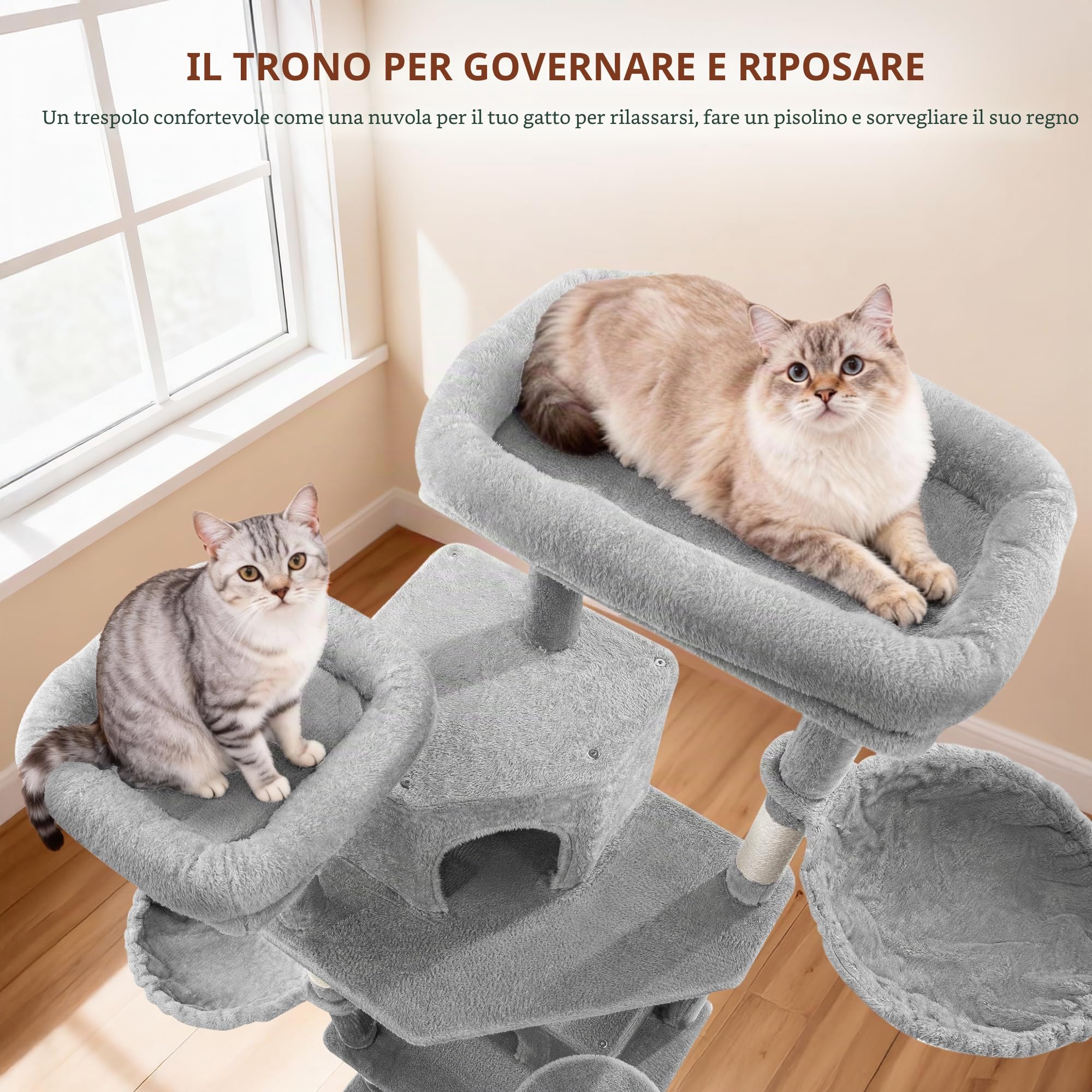 Albero Tiragraffi per Gatti, 216 cm Torre per Gatti, Grigio Chiaro