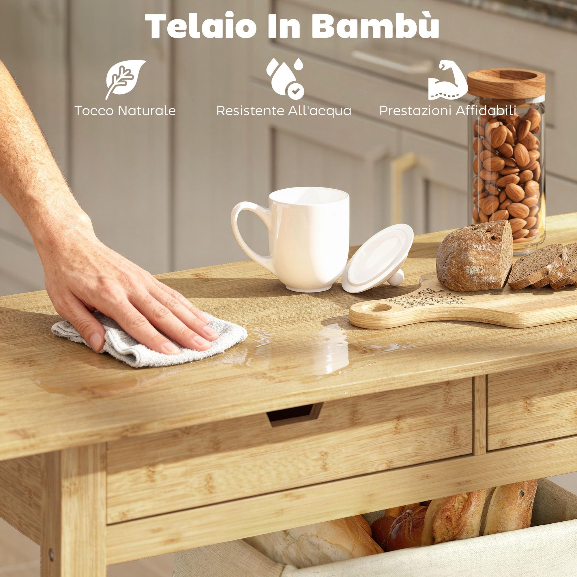 HOMCOM Carrello Cucina in Bambù con 2 Rotelle e 2 Gambe, Carrello Cucina Salvaspazio con 2 Ripiani a Doghe e 2 Cassetti, Carrellino Portaoggetti Multiuso per Soggiorno, 100x43x75 cm, Color Legno