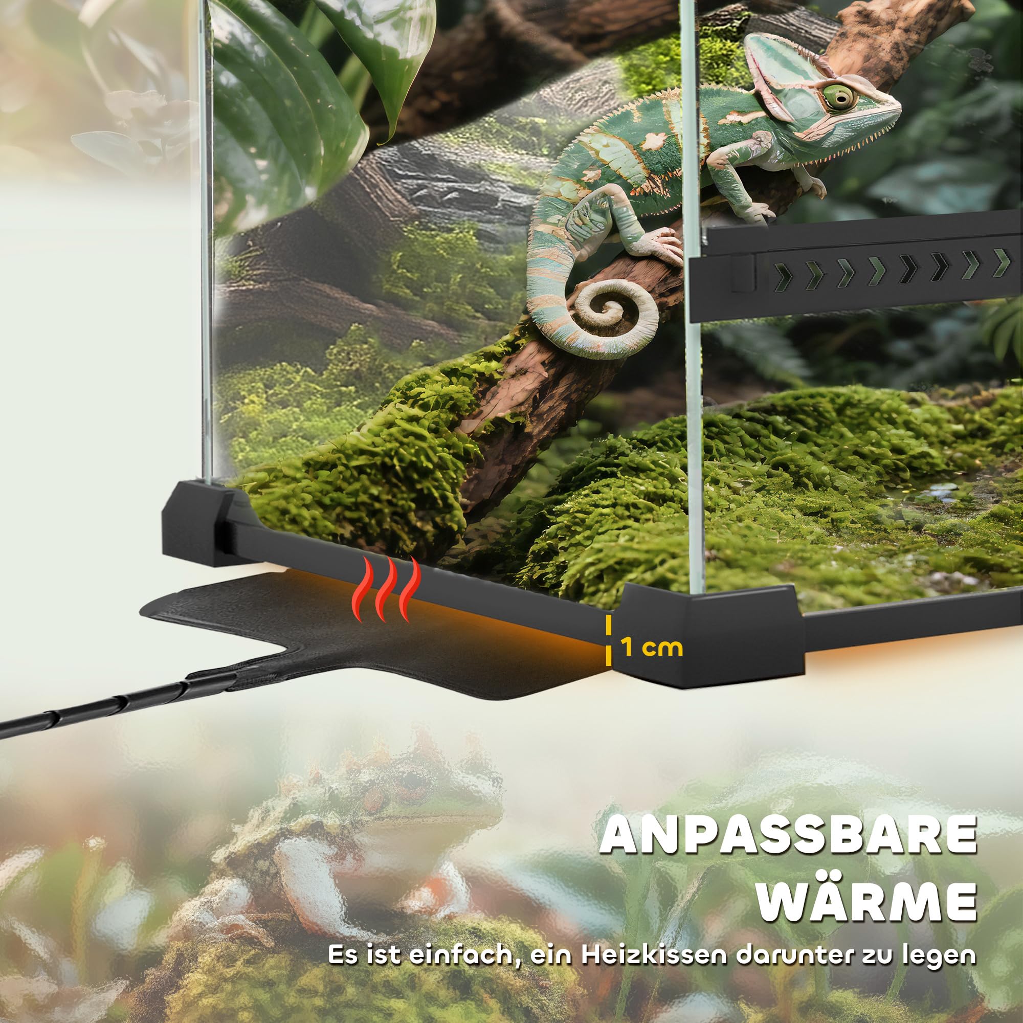 PawHut Terrarium dla gadów, szklane sterrarium 34 l, pudełko na karmienie gadów, z przednią wentylacją, odporne na wybicie zamknięcie obrotowe dla pająków, czarne, 50 x 30 x 25 cm
