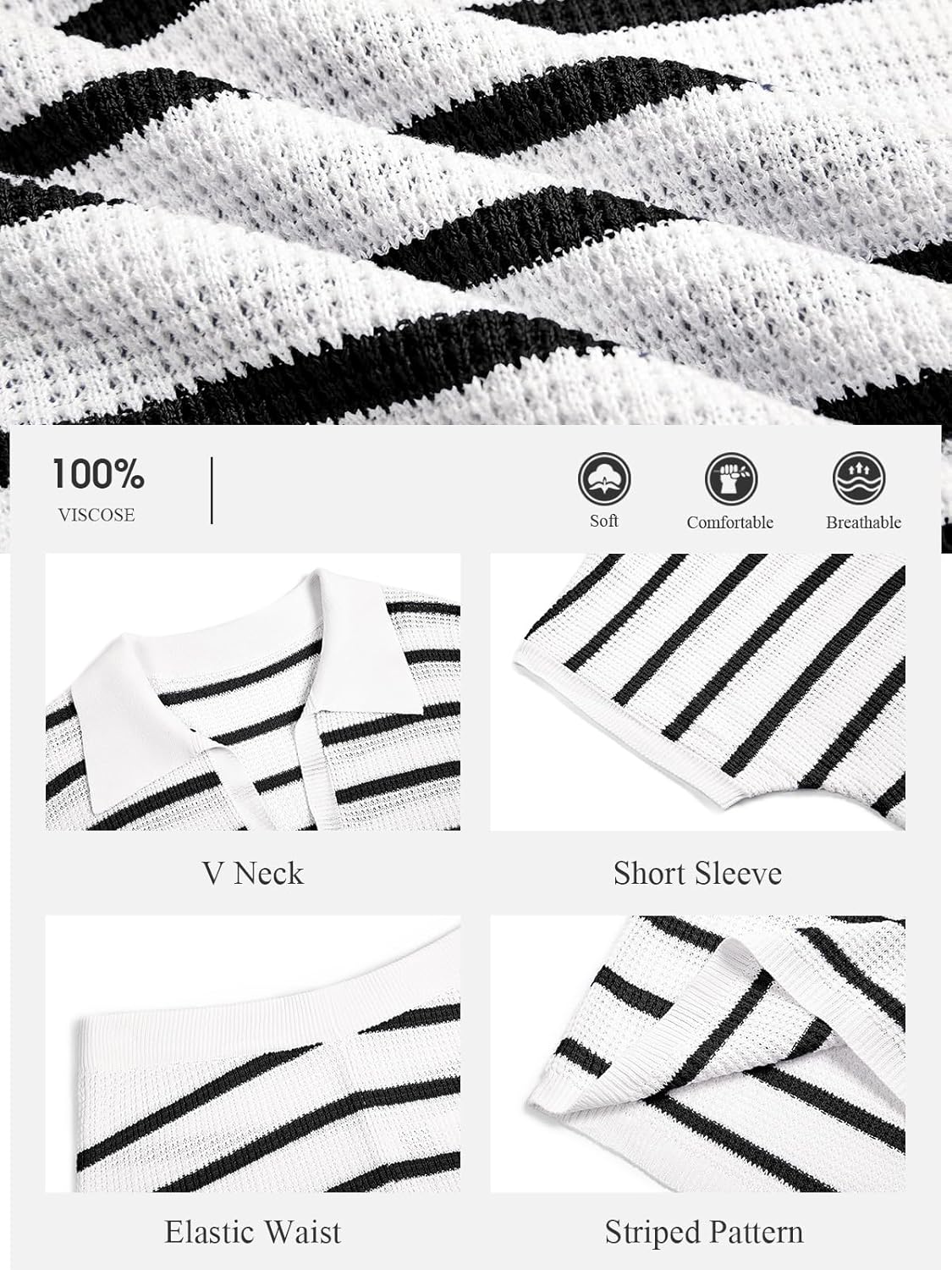 Tankaneo Womens 2 Piece Outfits Striped Knit Summer Sets V Neck Short Sleeve Tops and Shorts Lounge Matching Set - Image 5