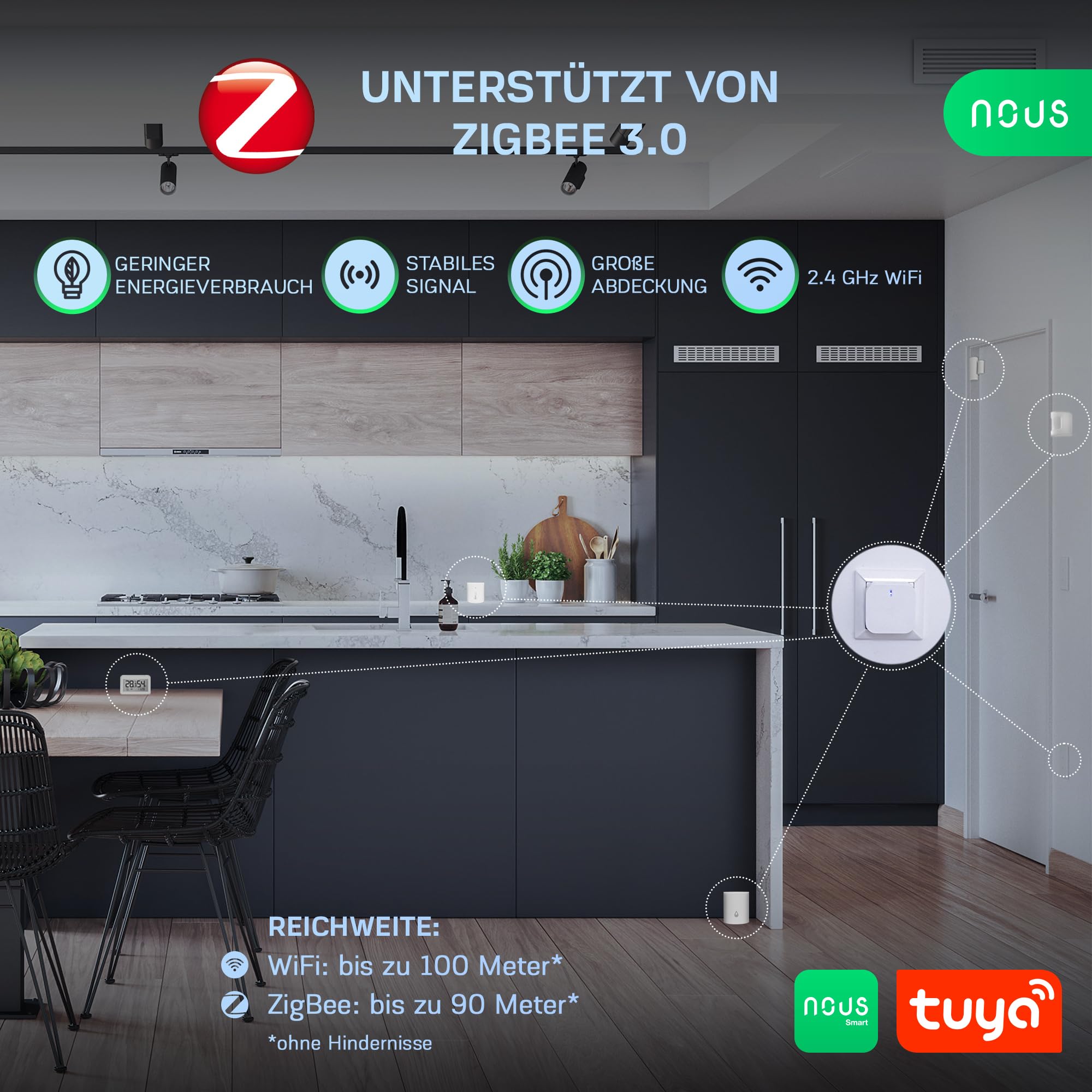 NOUS E1 ZigBee Gateway, ZigBee Hub/Bluetooth Hub, ZigBee Bridge, ZigBee Smart Home, ZigBee Gateway Alexa, Gateway ZigBee Smart Home, ZigBee 3.0, Bluetooth, Smart Life/Tuya App