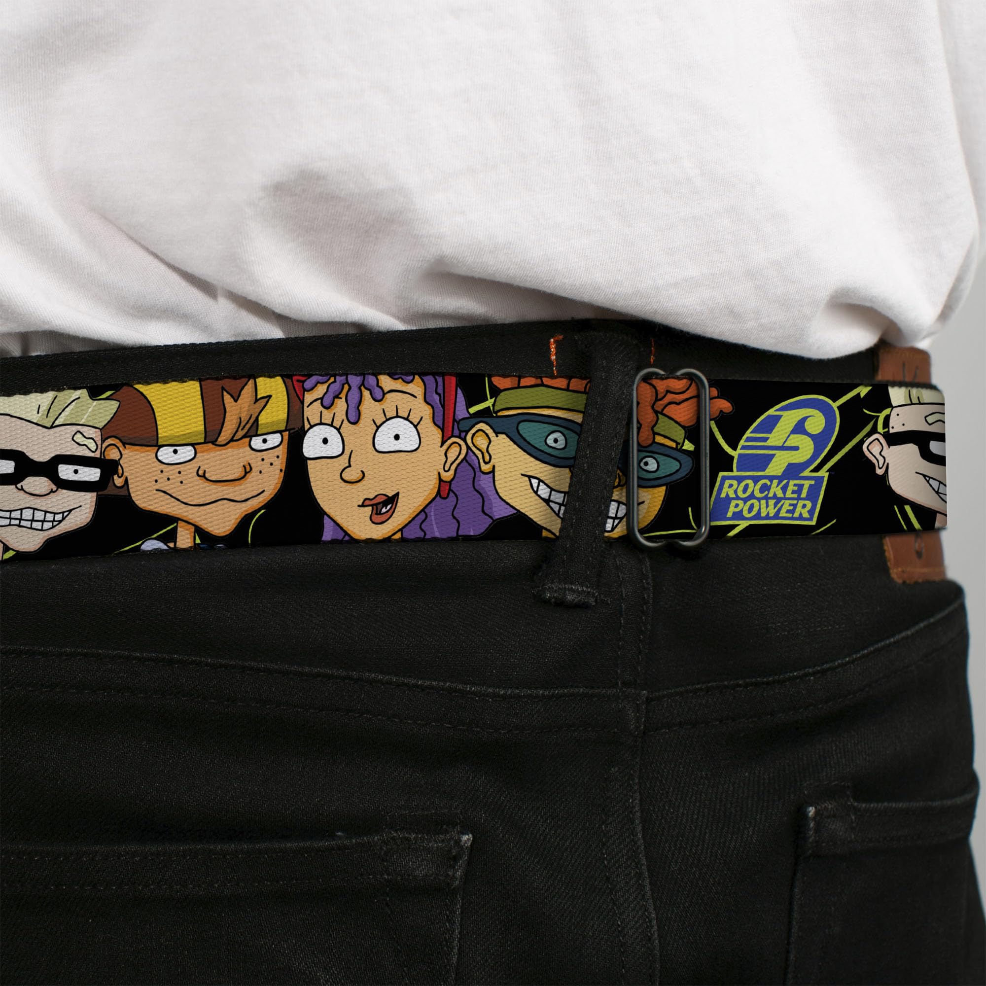 Buckle-Down Cinturón de Seguridad Hebilla Rocket Power Logo 4 Caracteres Primer Plano Negro Verde Azul 24 a 38 Pulgadas, 1.5" Wide-Fits Pant Size 24-38 Unisex Adulto