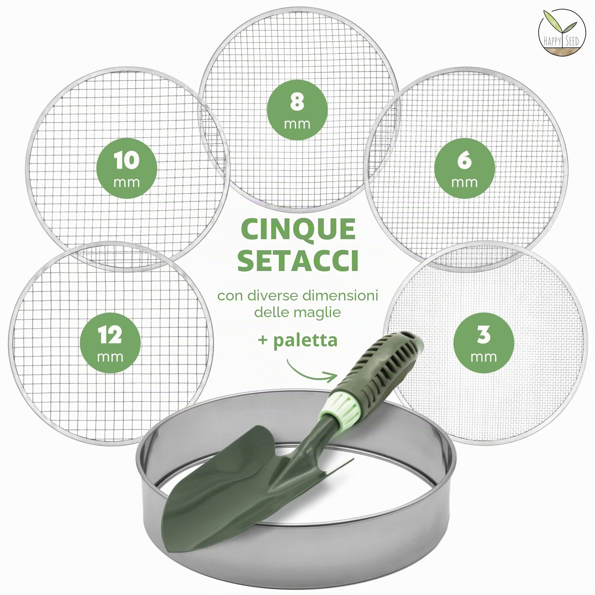 Setaccio da giardino rotondo 30 cm acciaio inox 5 inserti intercambiabili paletta inclusa