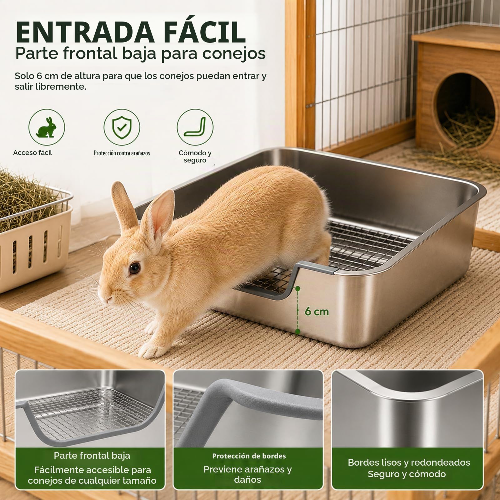 HYLYUN Bandeja Higiénica Conejo Acero Inoxydable con Rejilla, 40x30x15 cm