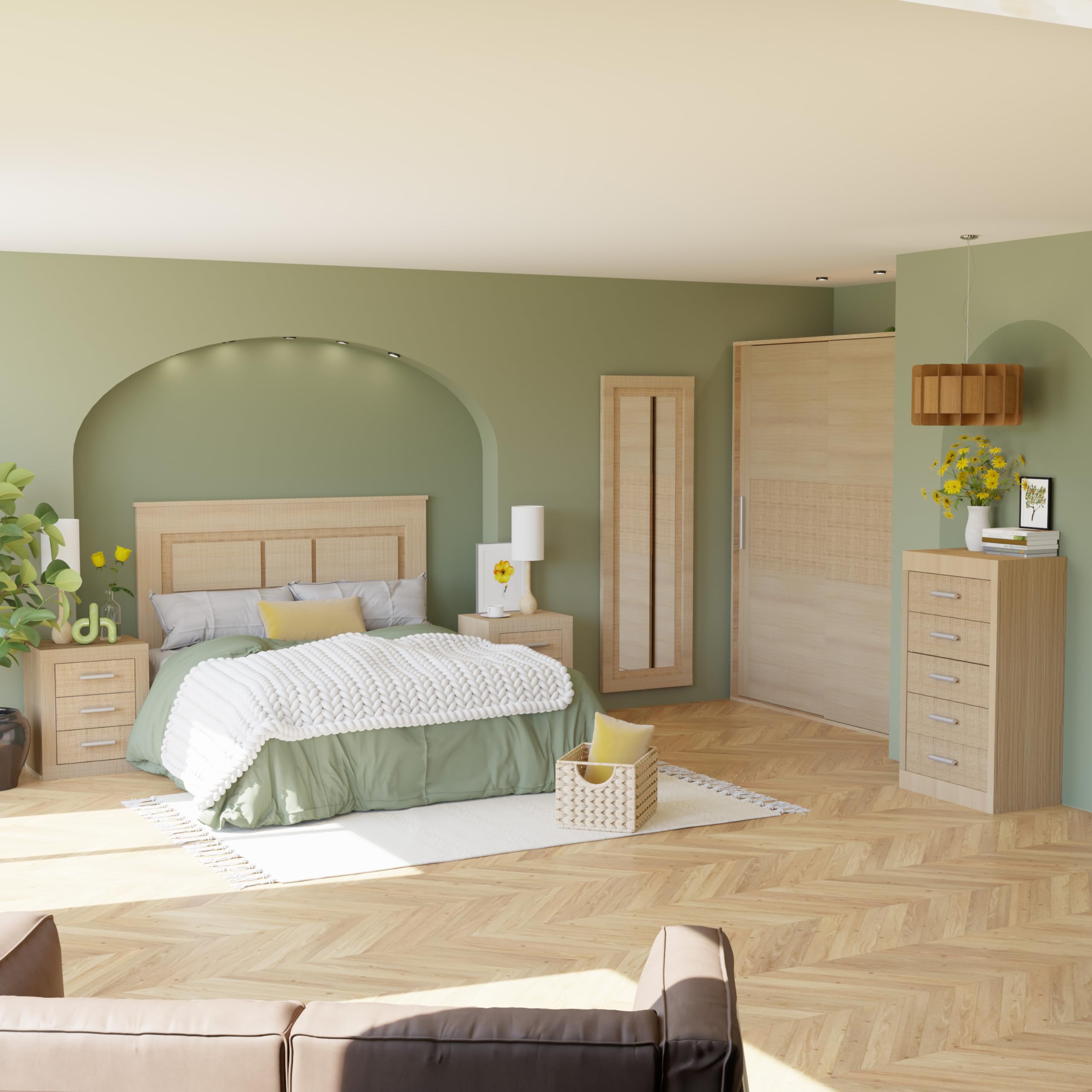 duehome | Pack de Dormitorio con Cabecero + 2 mesitas de Noche + Sinfonier + Espejo + Armario y Cajonera Interior, Dormitorio Completo, Modelo Kira 5c Plus, Acabado en Tofe y Textil