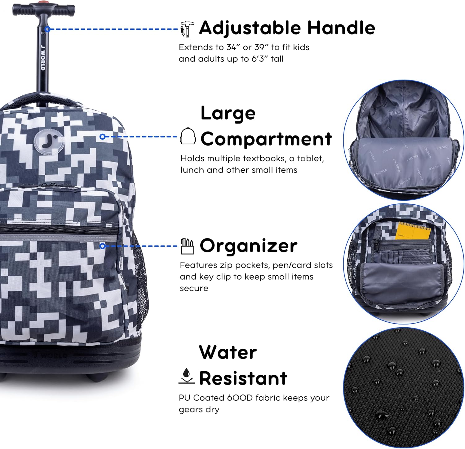 J World Sunrise Kids Rolling Backpack for Girls Boys. Roller Bookbag With Wheels For School, Camo - Image 5